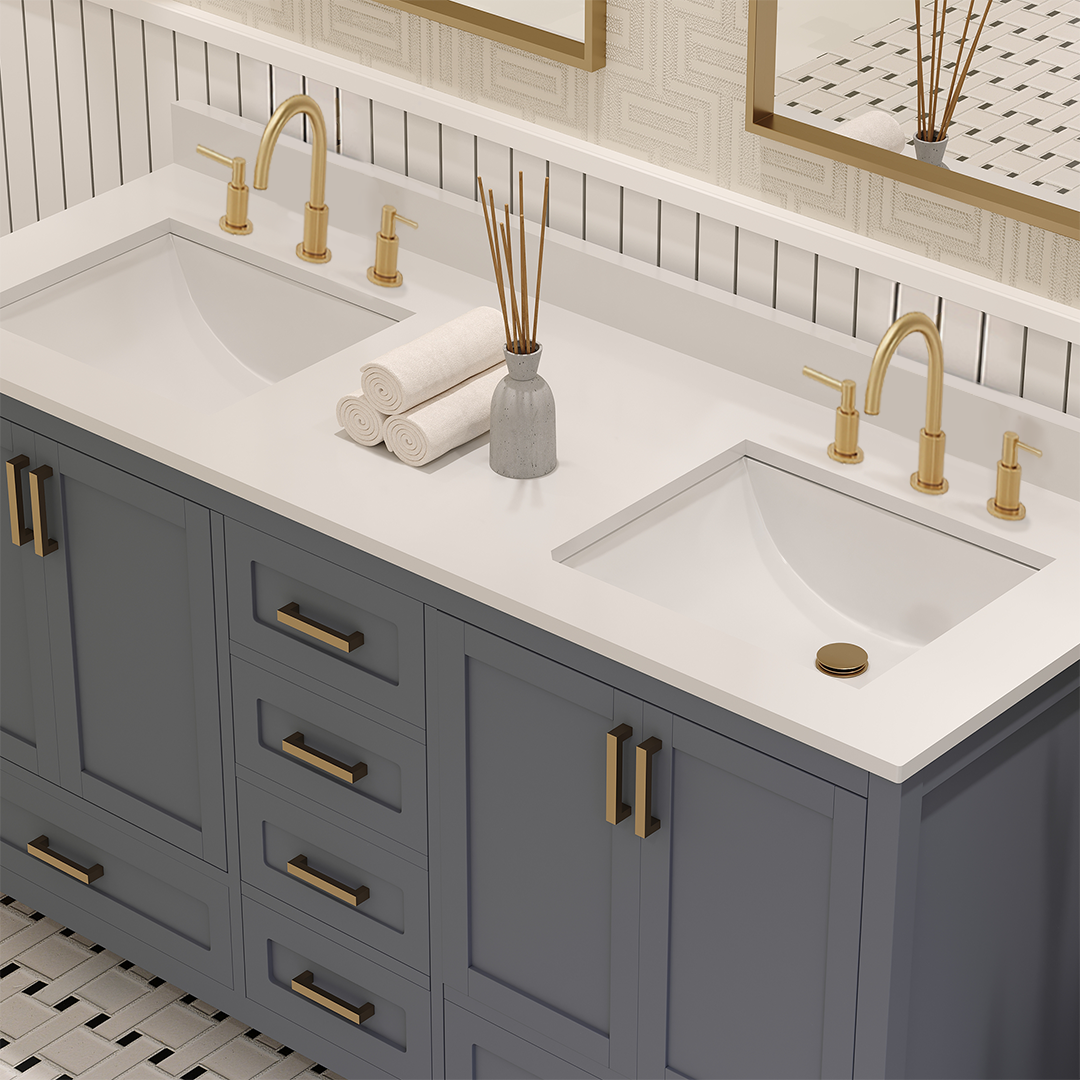 Rooh 60 Inch Solid Wood Bathroom Vanity with Undermount double Rectangle sinks & White Quartz countertop 0.75 inch edge in white