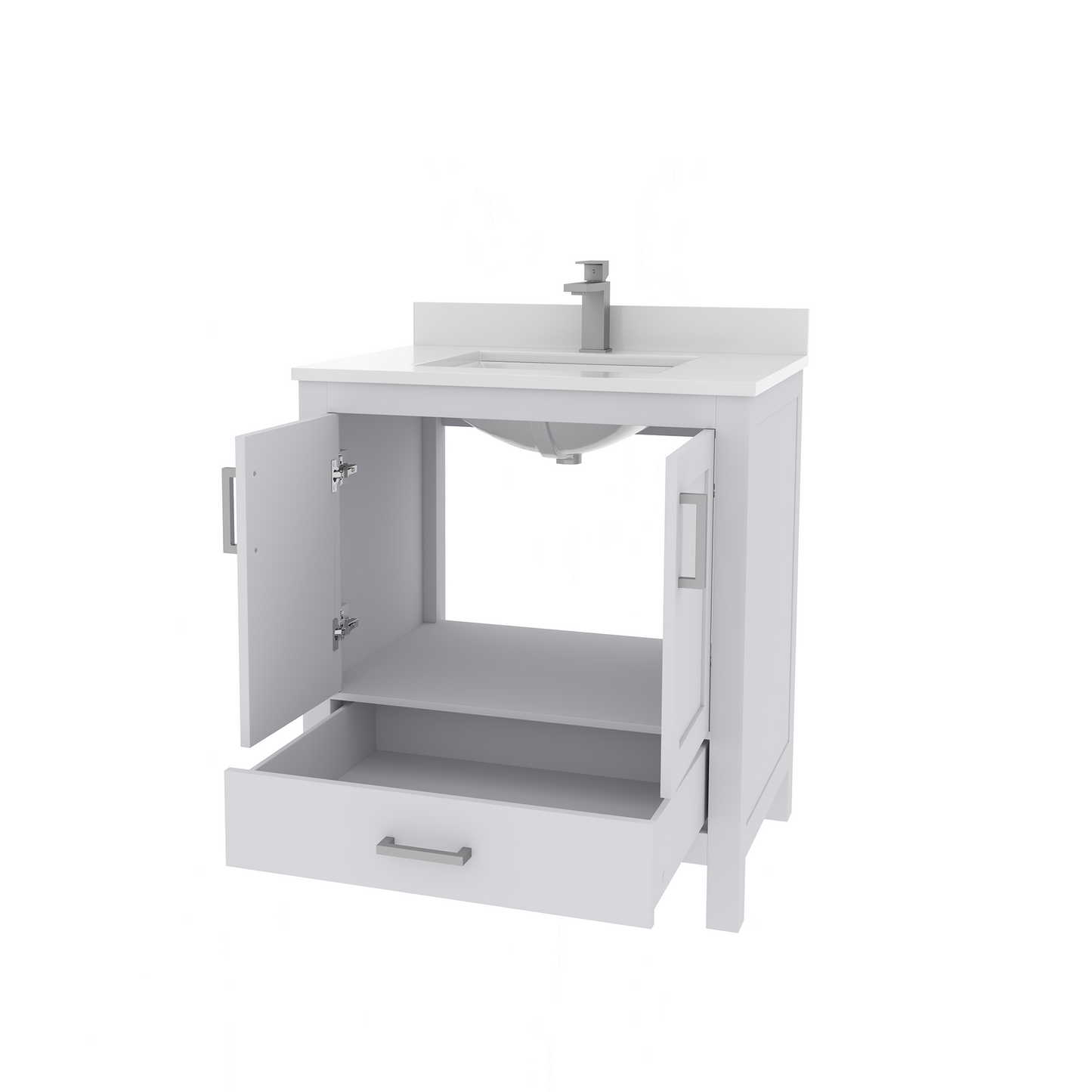 Rooh 30 Inch Solid Wood Bathroom Vanity with Undermount single Rectangle sink & White Quartz countertop 0.75 inch edge in white