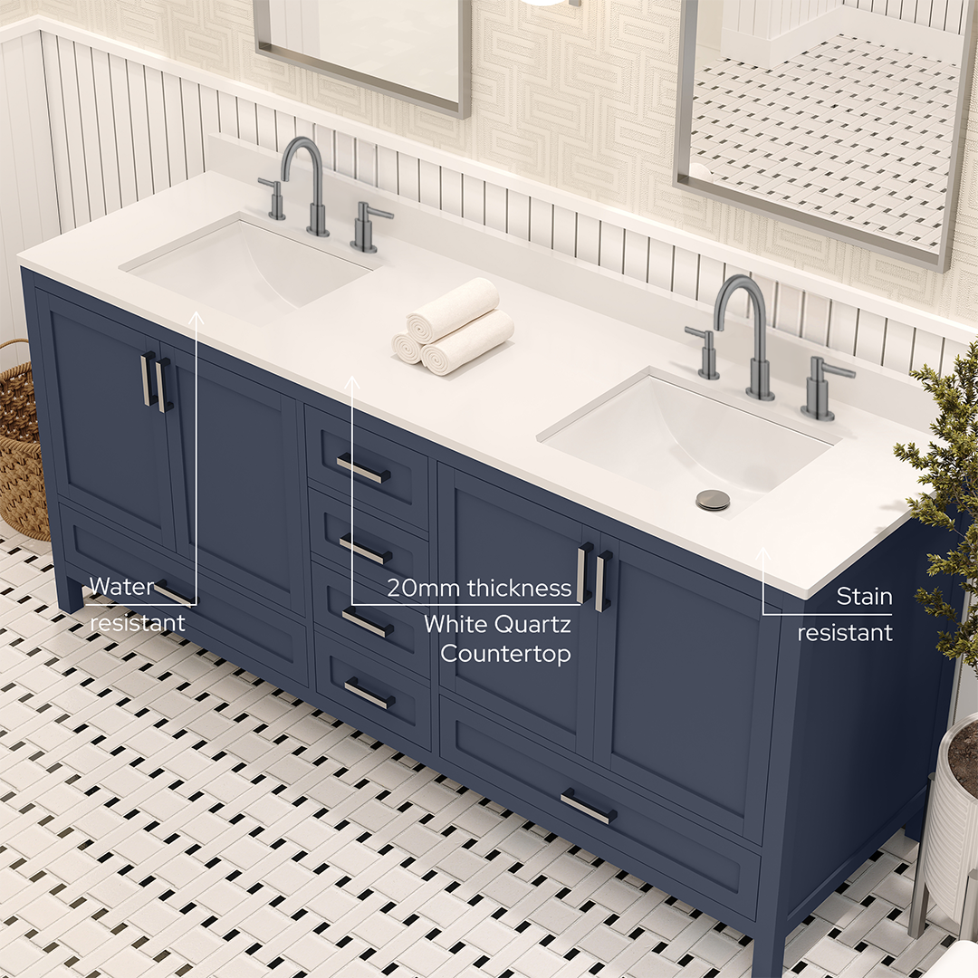 Rooh 72 Inch Solid Wood Bathroom Vanity with Undermount double Rectangle sinks & White Quartz countertop 0.75 inch edge in white