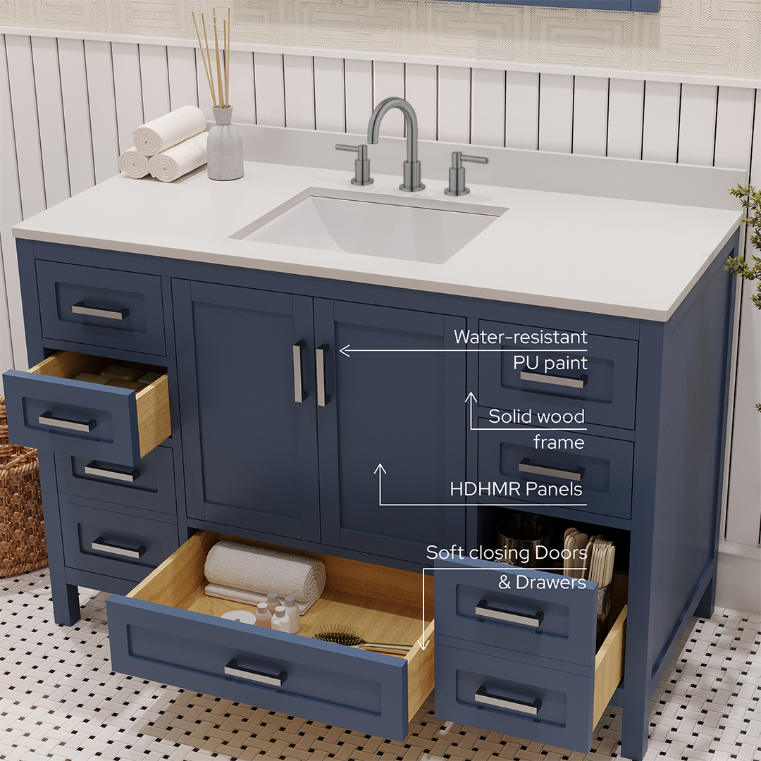 Rooh 48 Inch Solid Wood Bathroom Vanity with Undermount single Rectangle sink & White Quartz countertop 0.75 inch edge in white