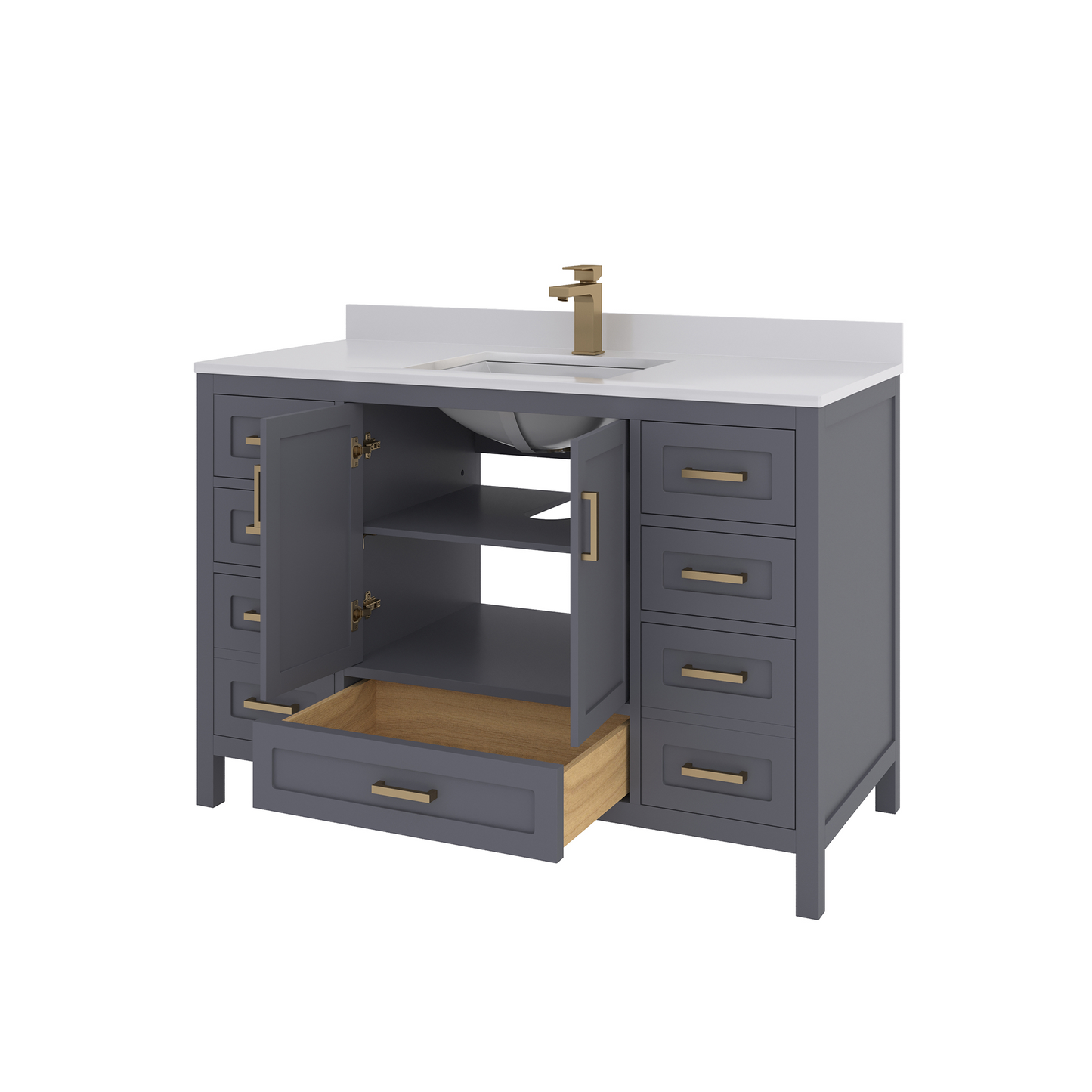 Rooh 48 Inch Solid Wood Bathroom Vanity with Undermount single Rectangle sink & White Quartz countertop 0.75 inch edge in white