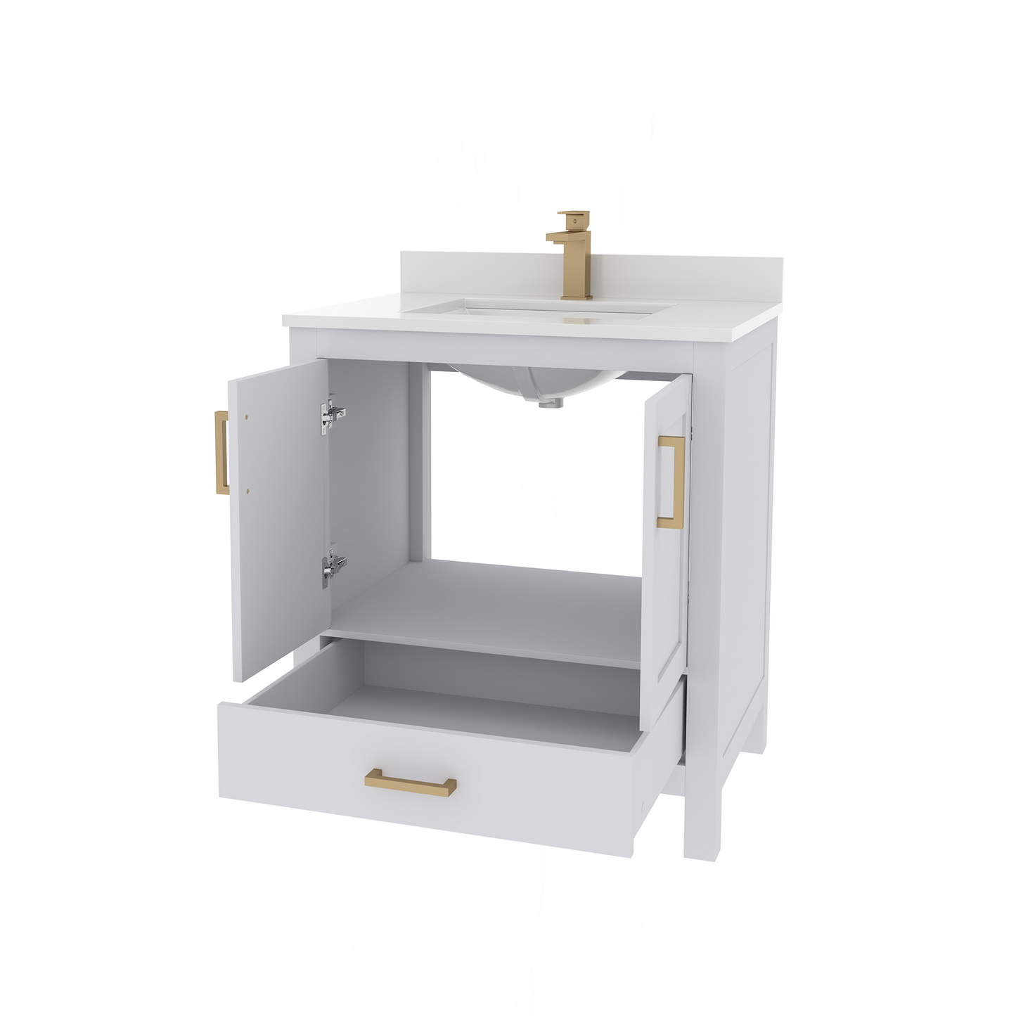 Rooh 30 Inch Solid Wood Bathroom Vanity with Undermount single Rectangle sink & White Quartz countertop 0.75 inch edge in white