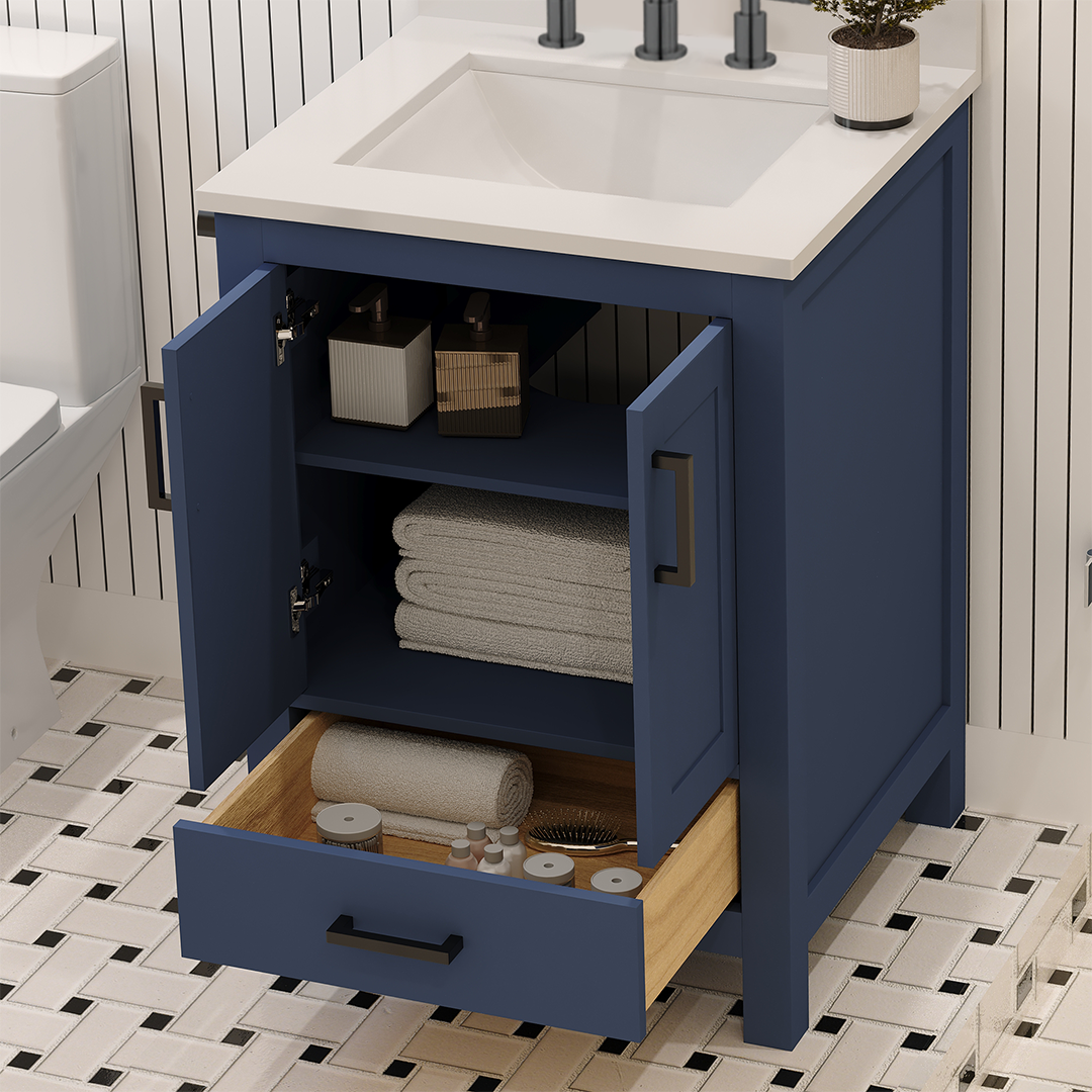 Rooh 24 Inch Solid Wood Bathroom Vanity with Undermount single Rectangle sink & White Quartz countertop 0.75 inch edge in white