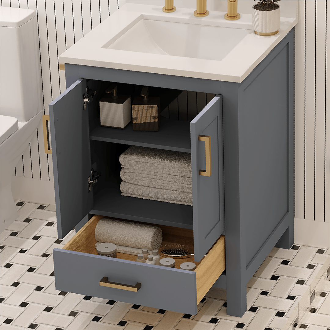 Rooh 24 Inch Solid Wood Bathroom Vanity with Undermount single Rectangle sink & White Quartz countertop 0.75 inch edge in white