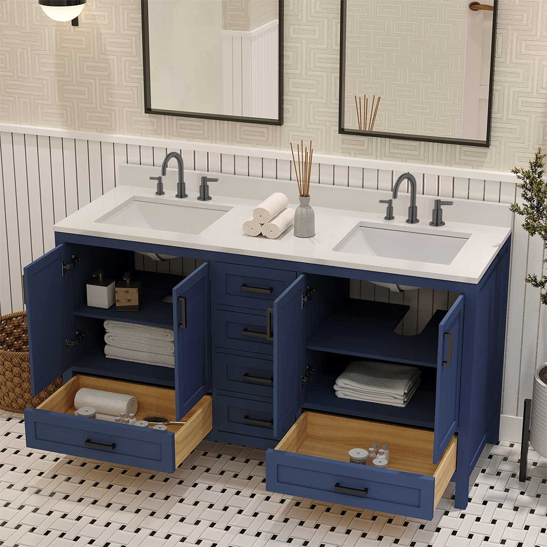 Rooh 60 Inch Solid Wood Bathroom Vanity with Undermount double Rectangle sinks & White Quartz countertop 0.75 inch edge in white