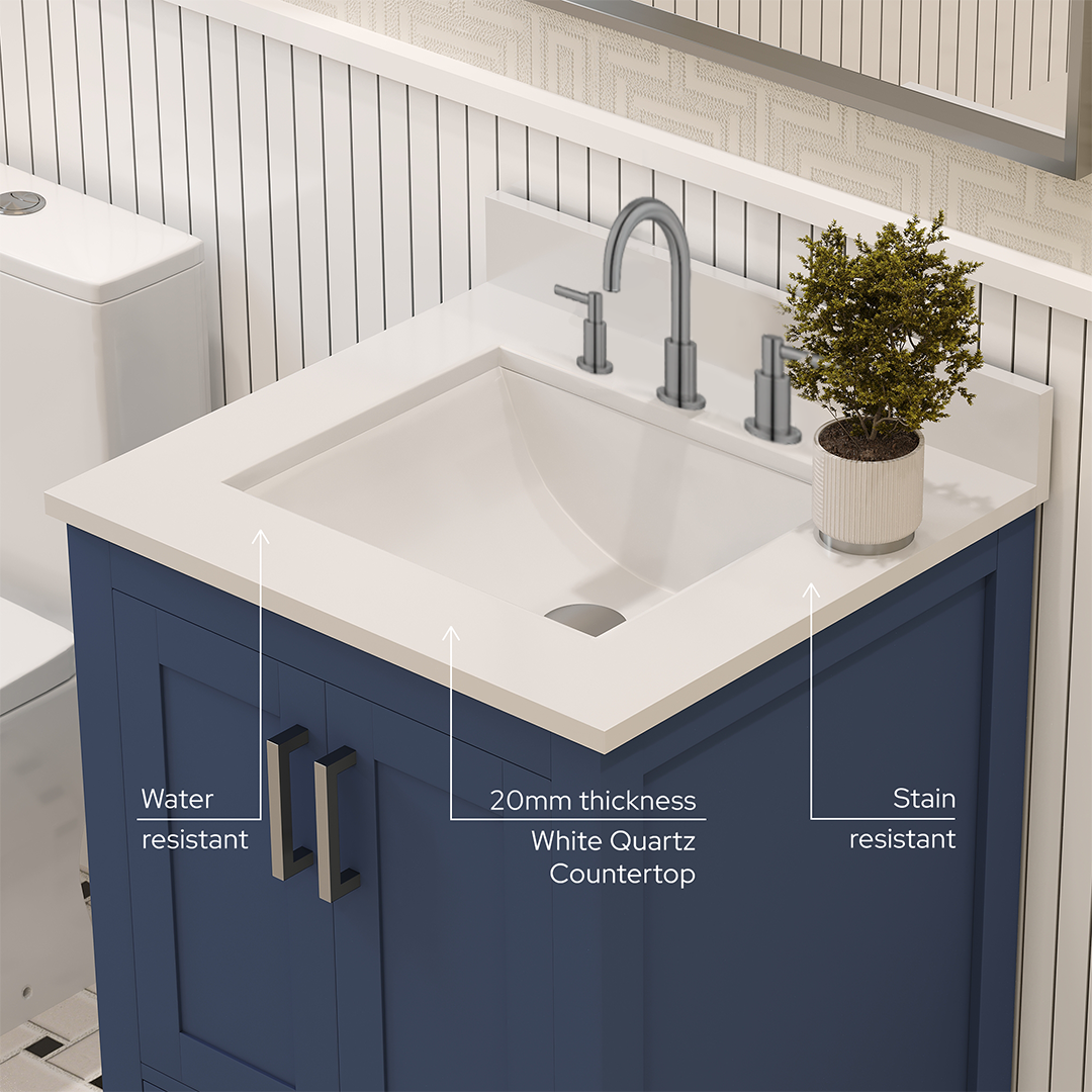 Rooh 24 Inch Solid Wood Bathroom Vanity with Undermount single Rectangle sink & White Quartz countertop 0.75 inch edge in white