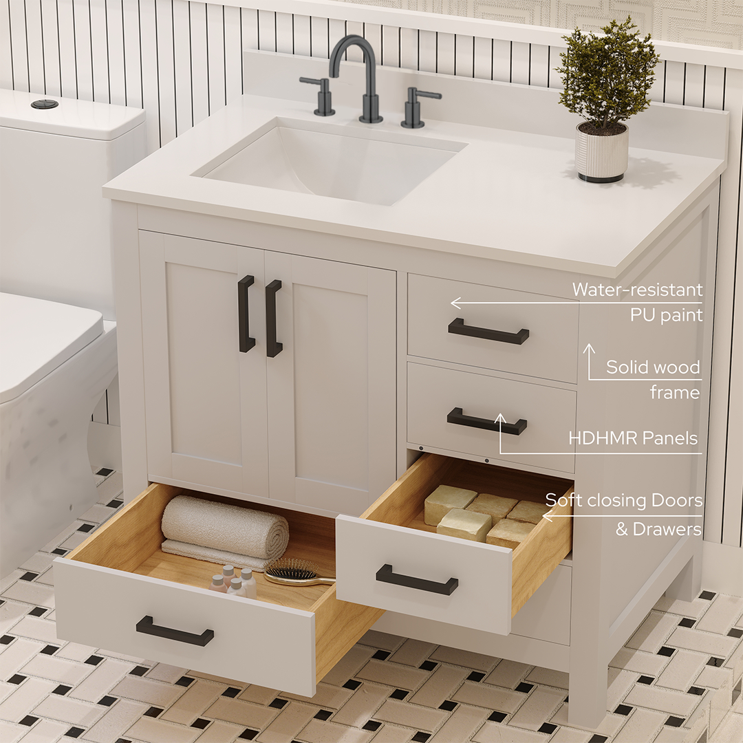 Rooh 36 Inch Left Solid Wood Single Bathroom Vanity with Undermount single Rectangle sink & White Quartz countertop 0.75 inch edge in white