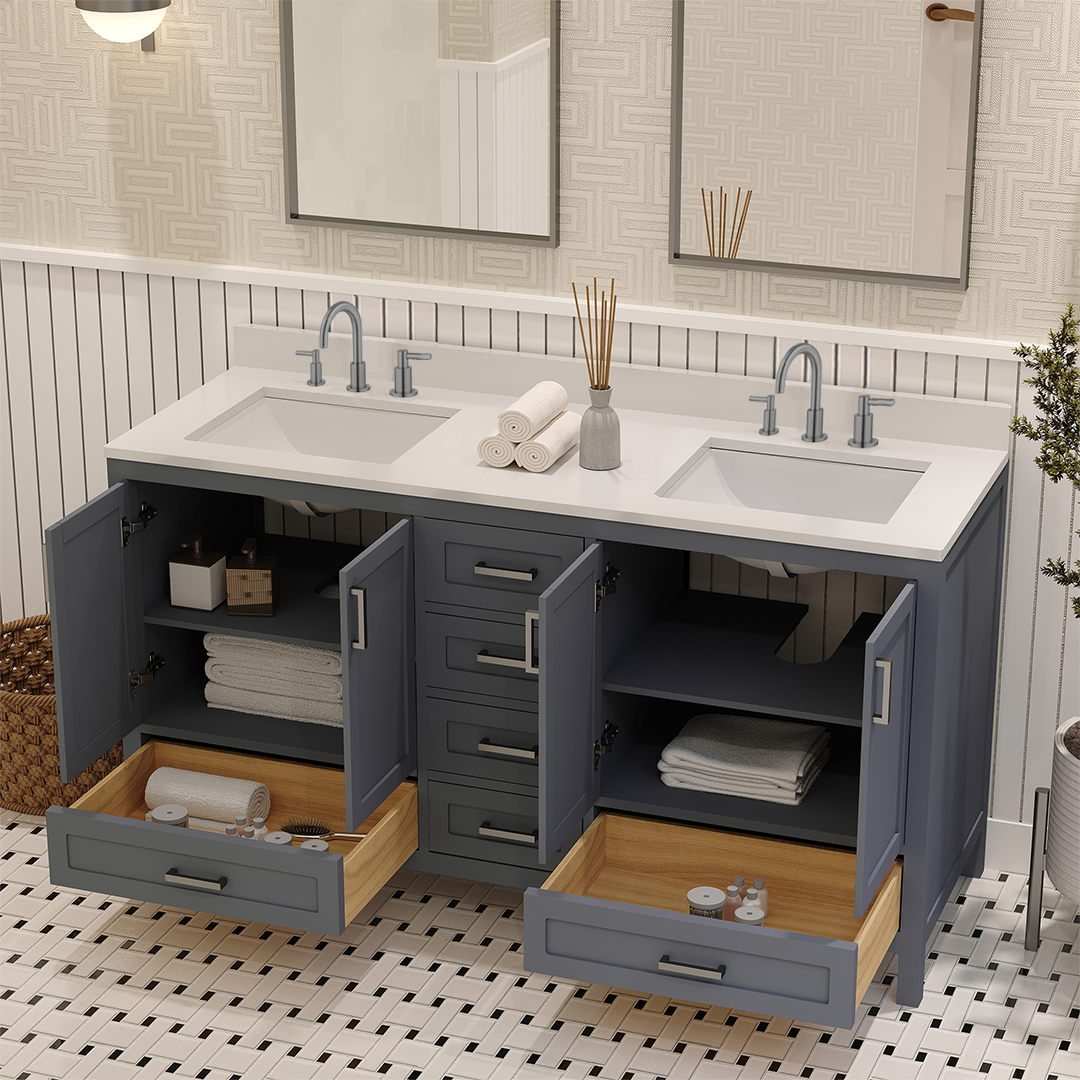 Rooh 60 Inch Solid Wood Bathroom Vanity with Undermount double Rectangle sinks & White Quartz countertop 0.75 inch edge in white