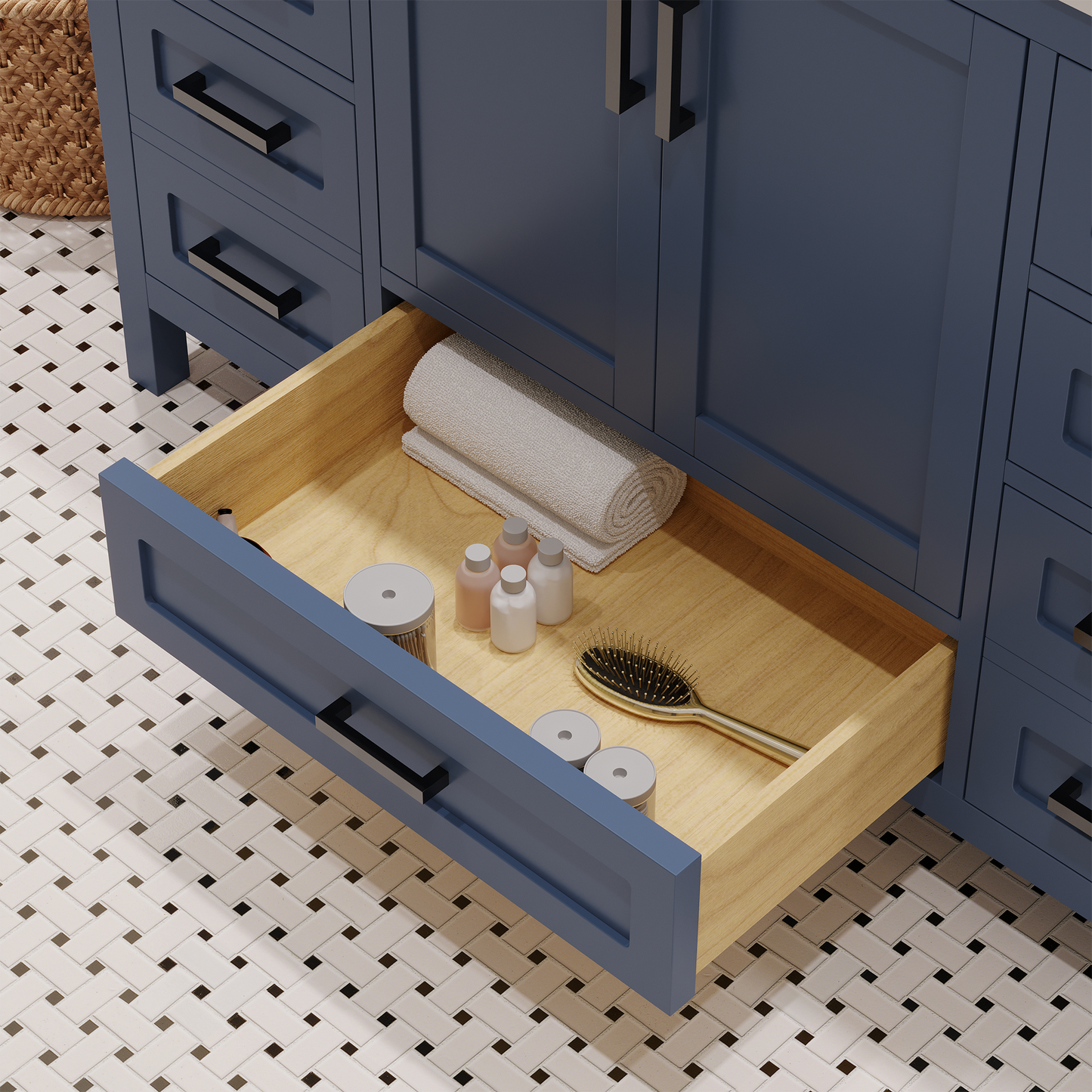 Rooh 48 Inch Solid Wood Bathroom Vanity with Undermount single Rectangle sink & White Quartz countertop 0.75 inch edge in white