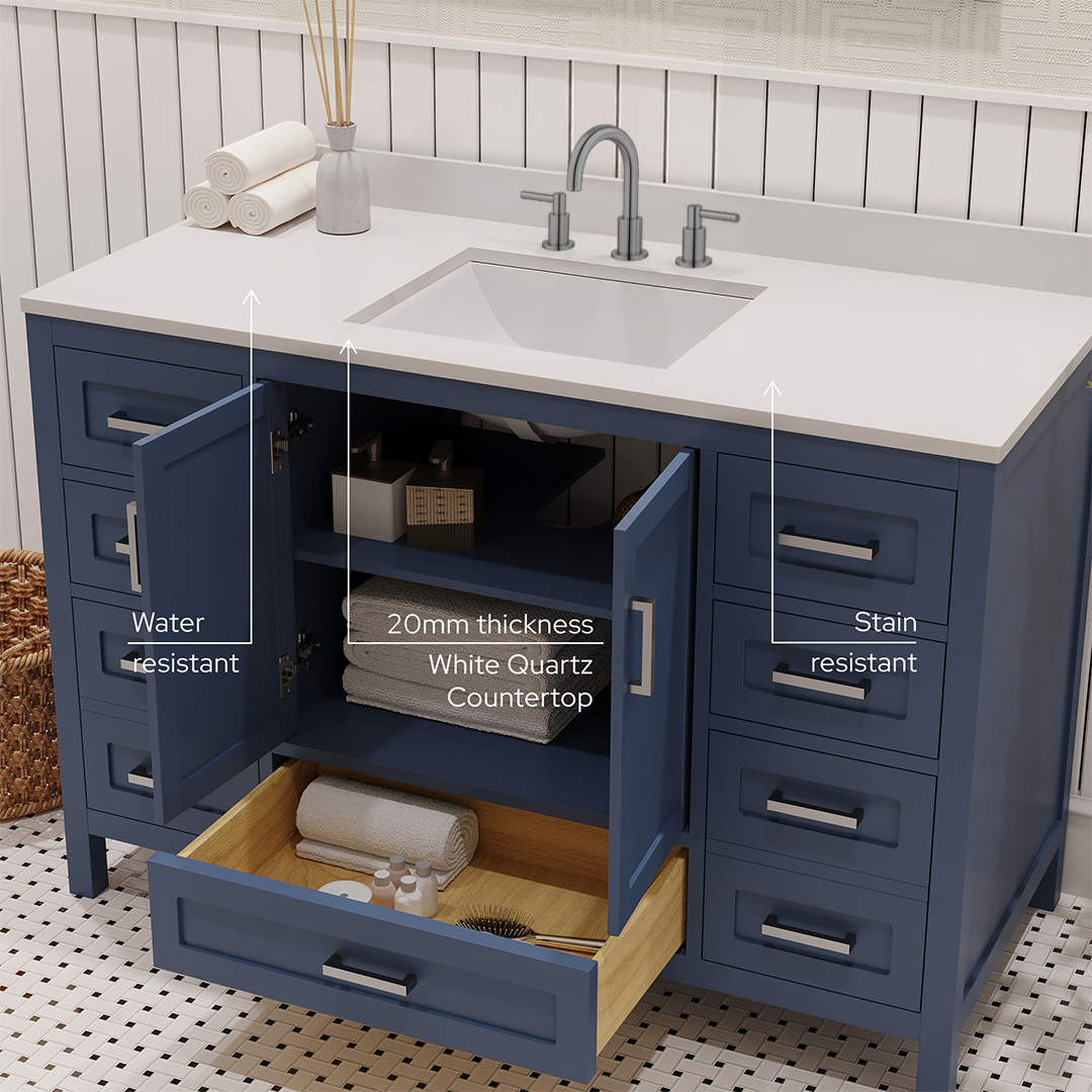 Rooh 48 Inch Solid Wood Bathroom Vanity with Undermount single Rectangle sink & White Quartz countertop 0.75 inch edge in white