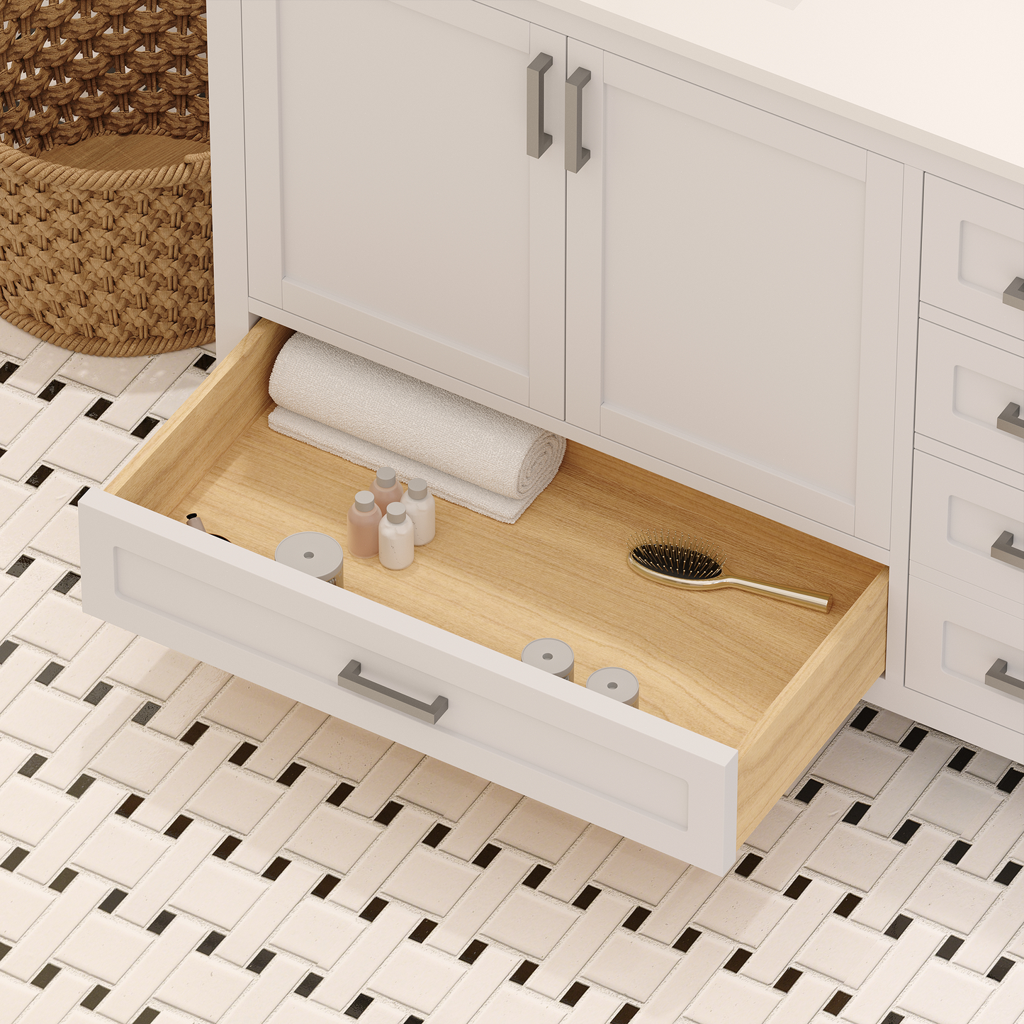 Rooh 72 Inch Solid Wood Bathroom Vanity with Undermount double Rectangle sinks & White Quartz countertop 0.75 inch edge in white