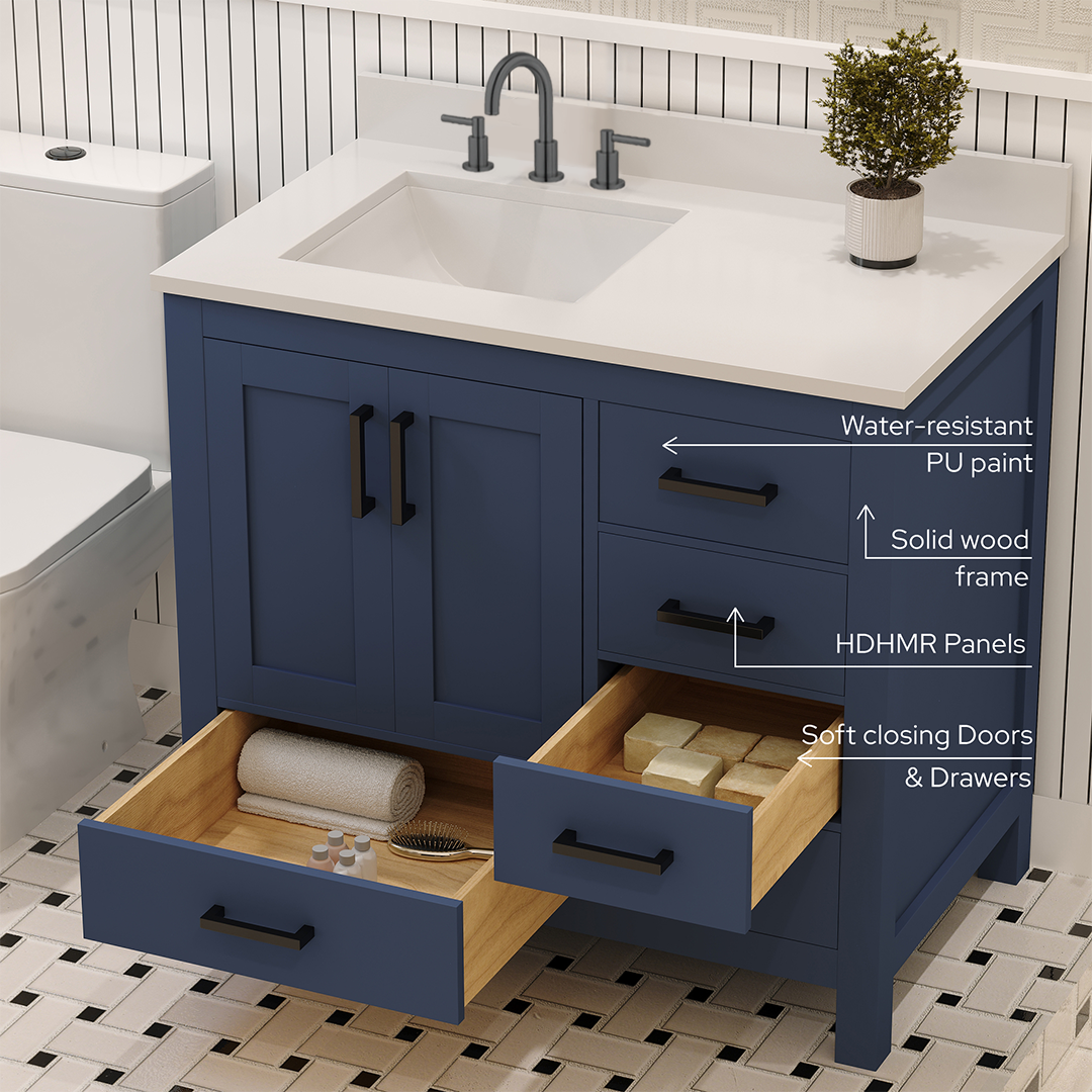 Rooh 36 Inch Left Solid Wood Single Bathroom Vanity with Undermount single Rectangle sink & White Quartz countertop 0.75 inch edge in white