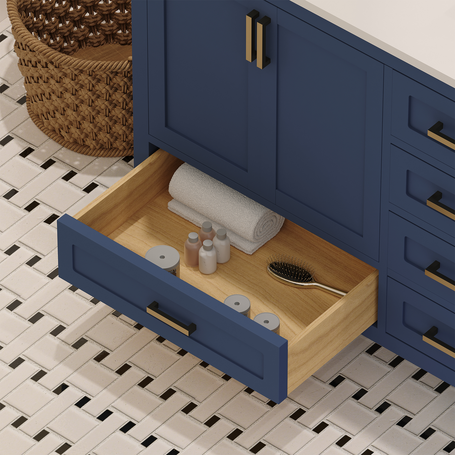 Rooh 60 Inch Solid Wood Bathroom Vanity with Undermount double Rectangle sinks & White Quartz countertop 0.75 inch edge in white