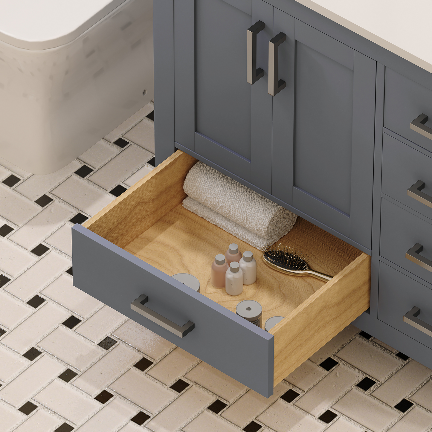 Rooh 36 Inch Left Solid Wood Single Bathroom Vanity with Undermount single Rectangle sink & White Quartz countertop 0.75 inch edge in white