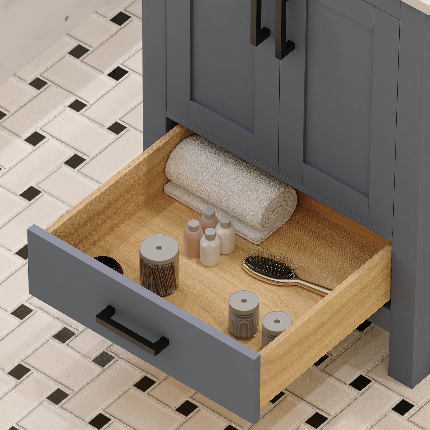 Rooh 24 Inch Solid Wood Bathroom Vanity with Undermount single Rectangle sink & White Quartz countertop 0.75 inch edge in white