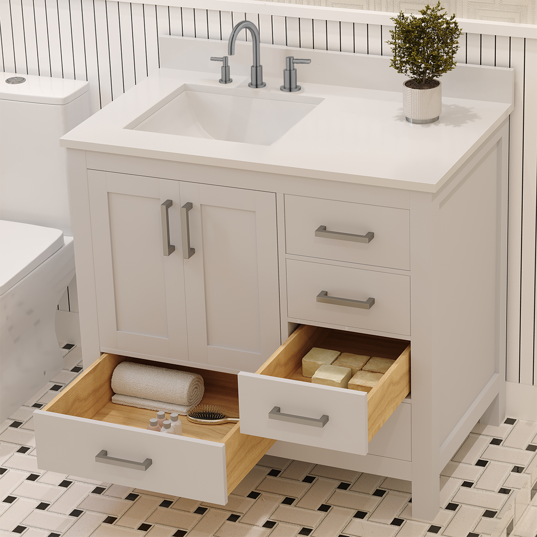 Rooh 36 Inch Left Solid Wood Single Bathroom Vanity with Undermount single Rectangle sink & White Quartz countertop 0.75 inch edge in white