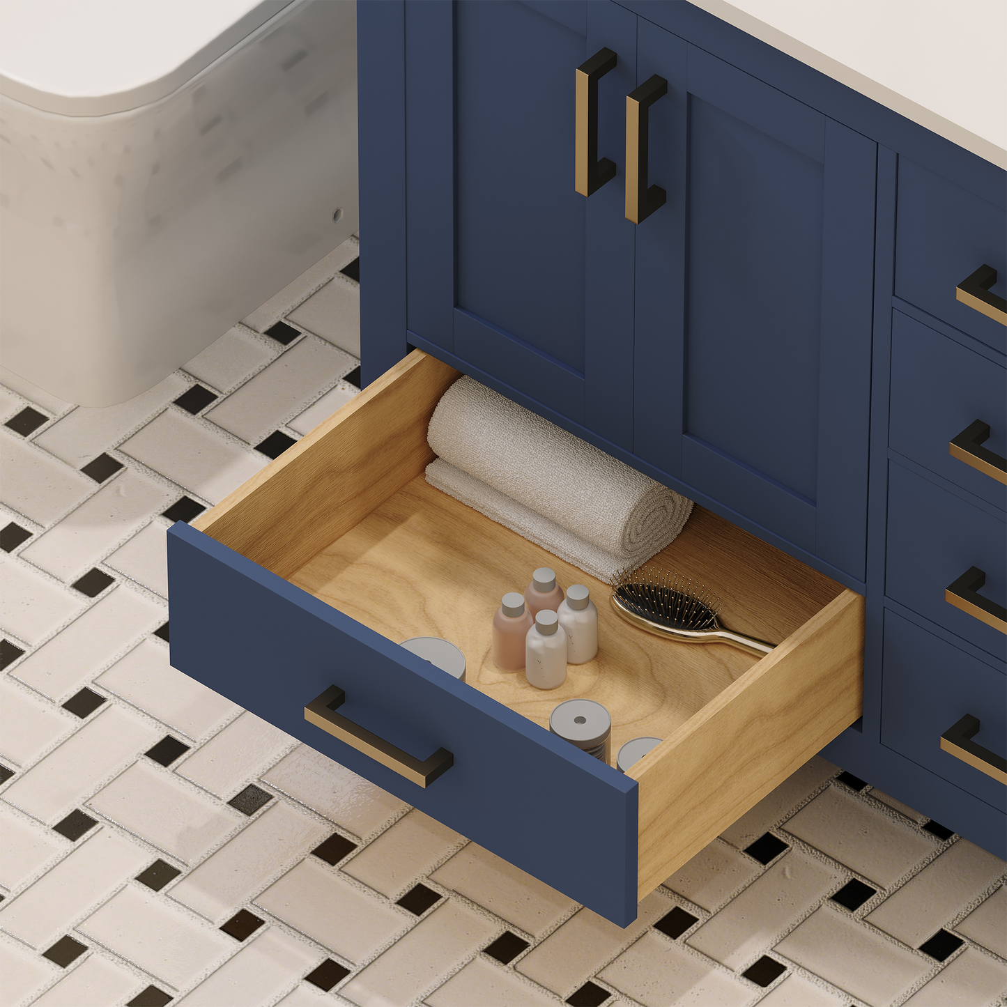 Rooh 36 Inch Left Solid Wood Single Bathroom Vanity with Undermount single Rectangle sink & White Quartz countertop 0.75 inch edge in white