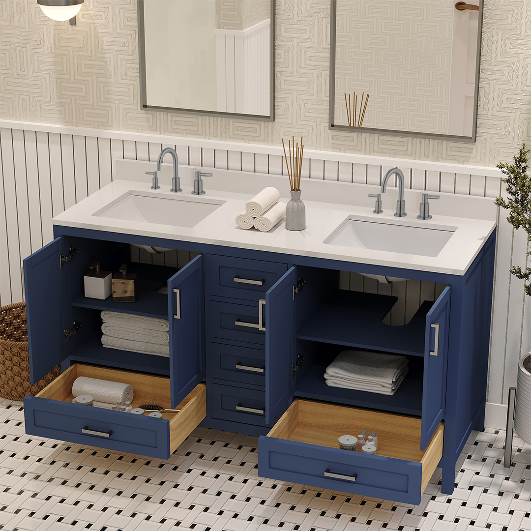 Rooh 60 Inch Solid Wood Bathroom Vanity with Undermount double Rectangle sinks & White Quartz countertop 0.75 inch edge in white
