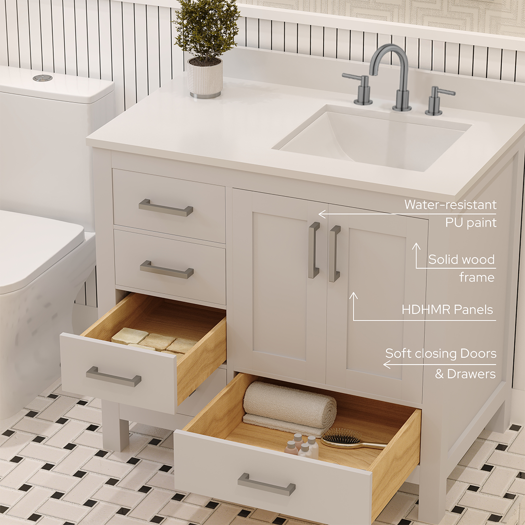 Rooh 36 Inch Right Solid Wood Single Bathroom Vanity with Undermount single Rectangle sink & White Quartz countertop 0.75 inch edge in white