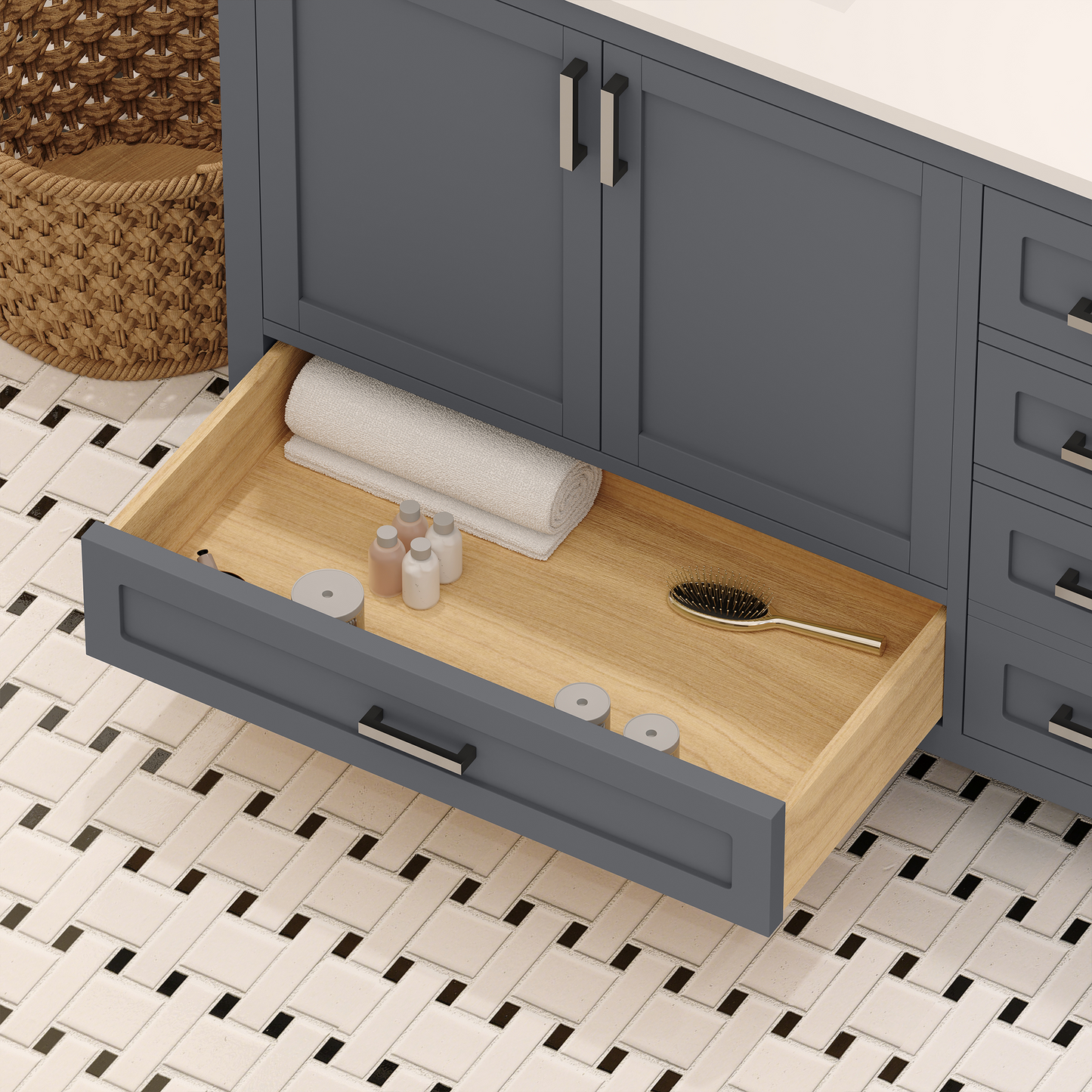 Rooh 72 Inch Solid Wood Bathroom Vanity with Undermount double Rectangle sinks & White Quartz countertop 0.75 inch edge in white