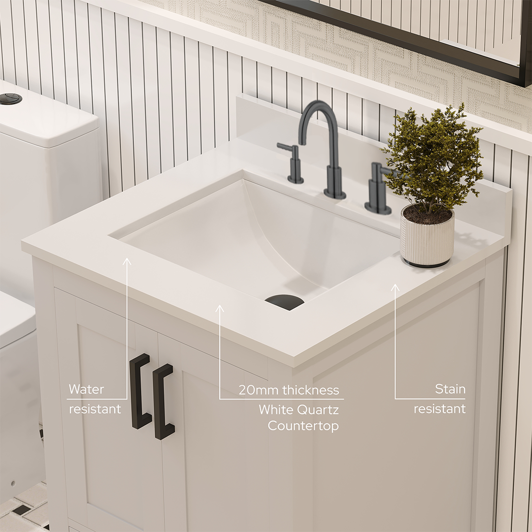 Rooh 24 Inch Solid Wood Bathroom Vanity with Undermount single Rectangle sink & White Quartz countertop 0.75 inch edge in white
