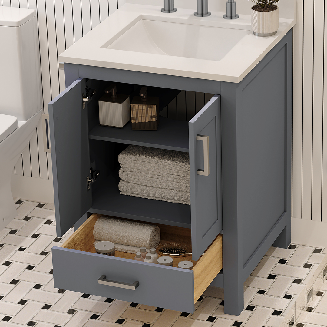 Rooh 24 Inch Solid Wood Bathroom Vanity with Undermount single Rectangle sink & White Quartz countertop 0.75 inch edge in white