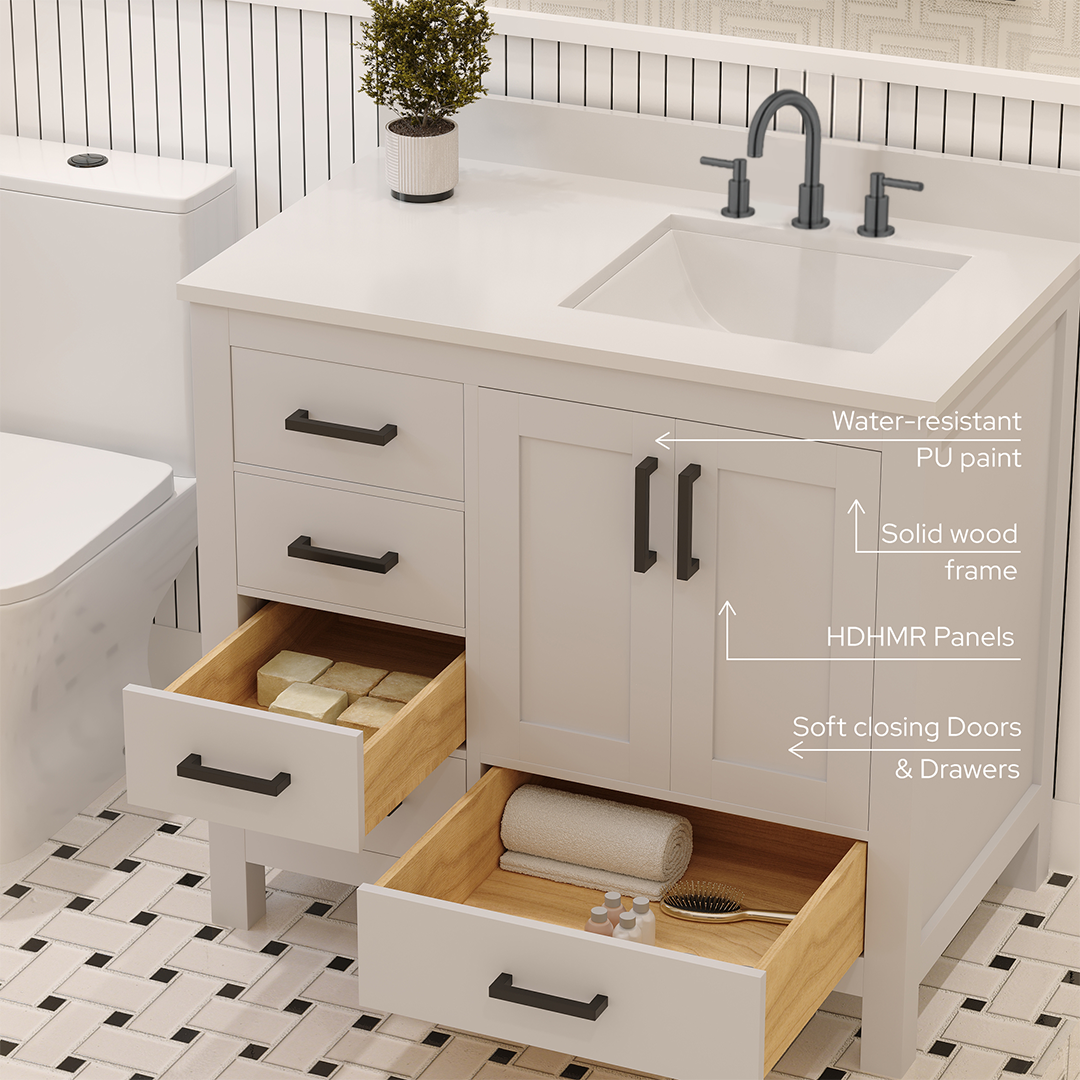 Rooh 36 Inch Right Solid Wood Single Bathroom Vanity with Undermount single Rectangle sink & White Quartz countertop 0.75 inch edge in white