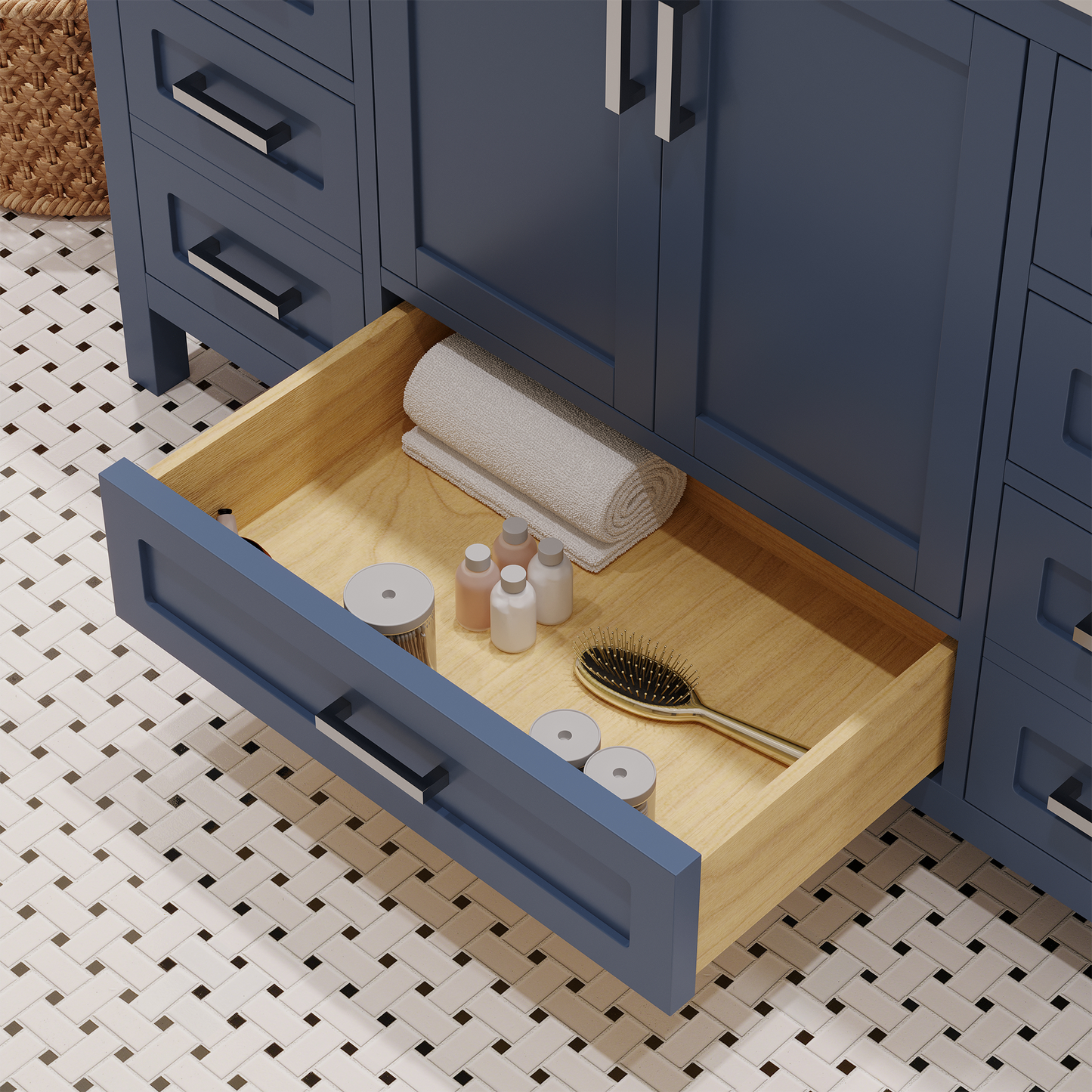 Rooh 48 Inch Solid Wood Bathroom Vanity with Undermount single Rectangle sink & White Quartz countertop 0.75 inch edge in white