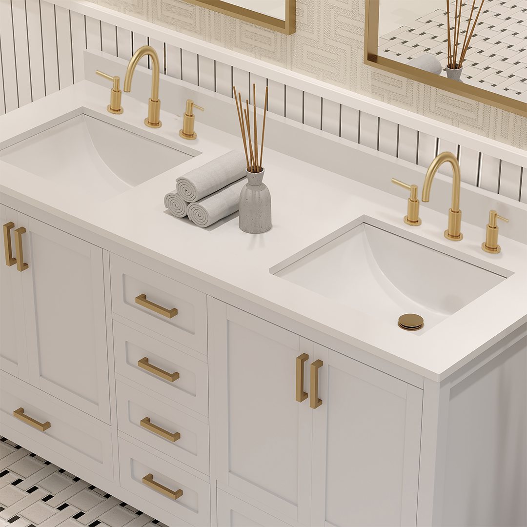 Rooh 60 Inch Solid Wood Bathroom Vanity with Undermount double Rectangle sinks & White Quartz countertop 0.75 inch edge in white