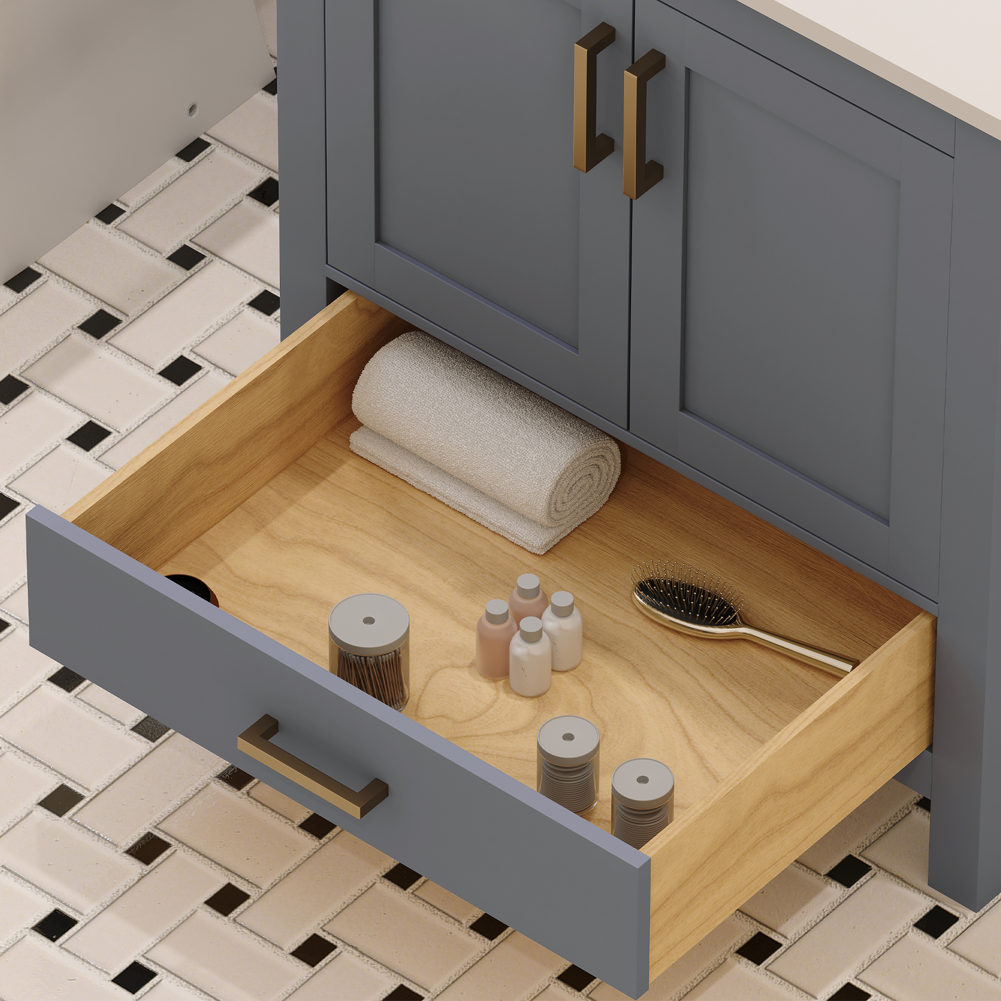 Rooh 30 Inch Solid Wood Bathroom Vanity with Undermount single Rectangle sink & White Quartz countertop 0.75 inch edge in white