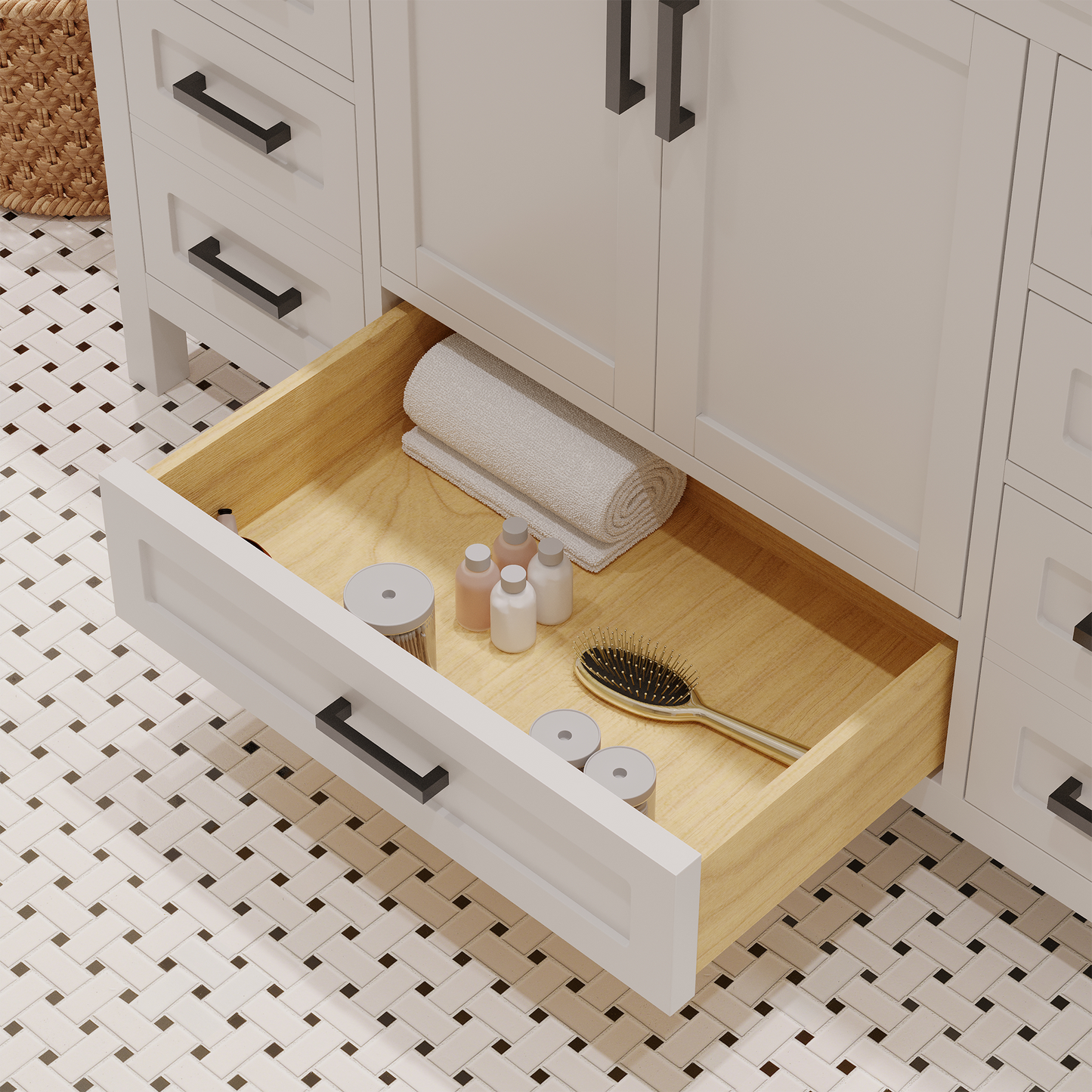 Rooh 48 Inch Solid Wood Bathroom Vanity with Undermount single Rectangle sink & White Quartz countertop 0.75 inch edge in white