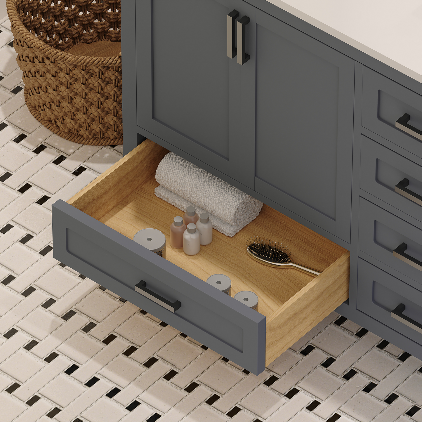 Rooh 60 Inch Solid Wood Bathroom Vanity with Undermount double Rectangle sinks & White Quartz countertop 0.75 inch edge in white