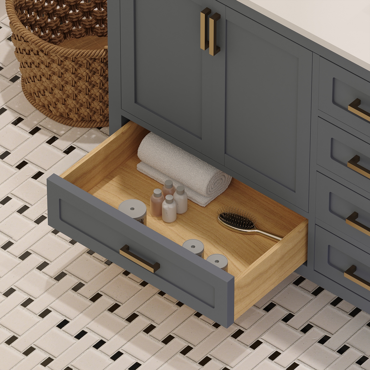 Rooh 60 Inch Solid Wood Bathroom Vanity with Undermount double Rectangle sinks & White Quartz countertop 0.75 inch edge in white