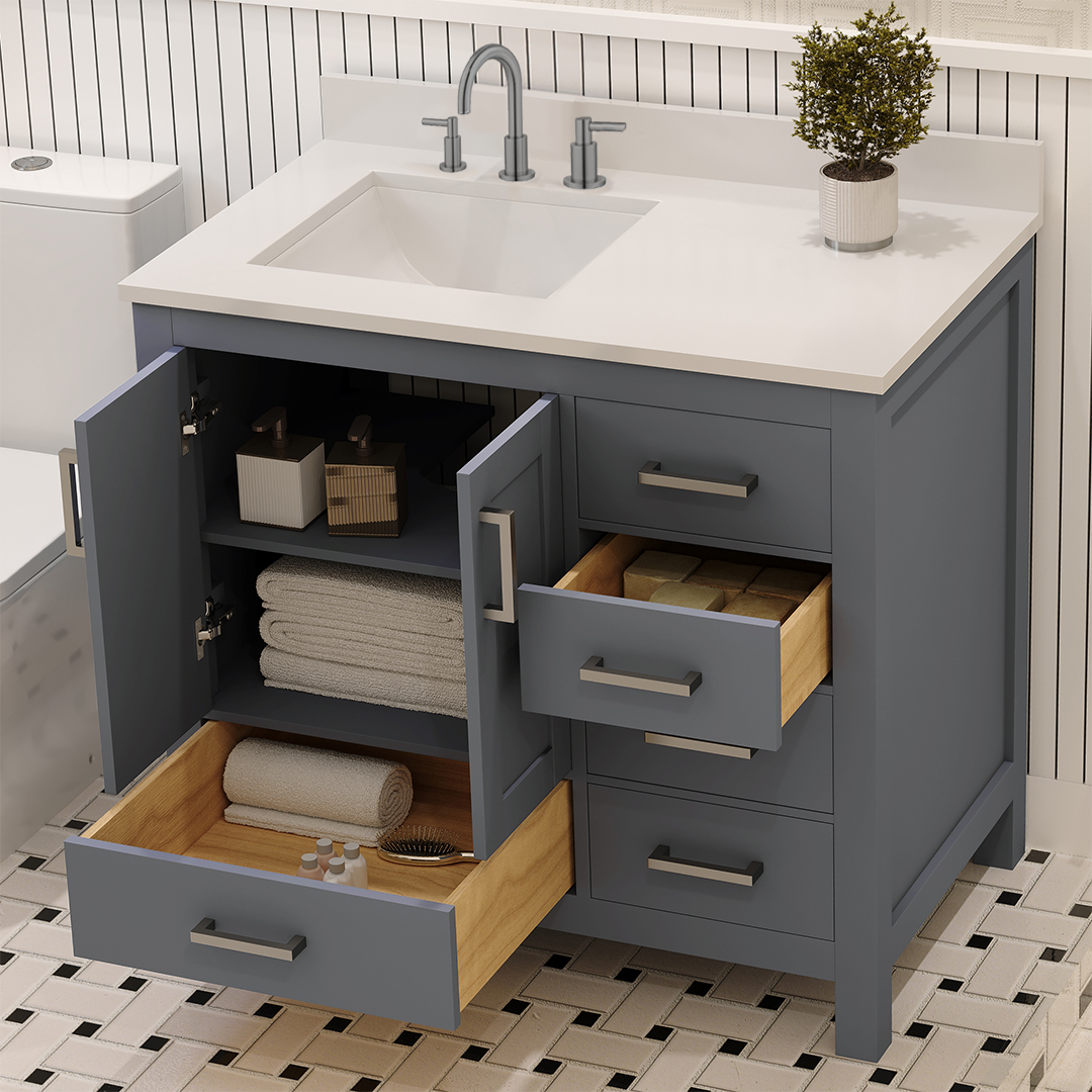 Rooh 36 Inch Left Solid Wood Single Bathroom Vanity with Undermount single Rectangle sink & White Quartz countertop 0.75 inch edge in white