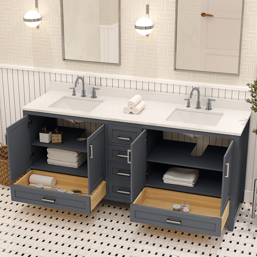 Rooh 72 Inch Solid Wood Bathroom Vanity with Undermount double Rectangle sinks & White Quartz countertop 0.75 inch edge in white