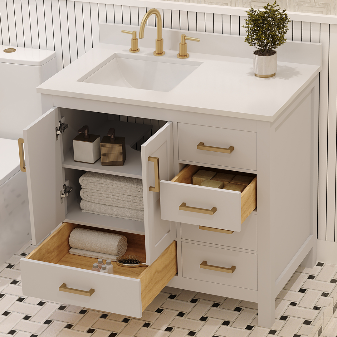Rooh 36 Inch Left Solid Wood Single Bathroom Vanity with Undermount single Rectangle sink & White Quartz countertop 0.75 inch edge in white