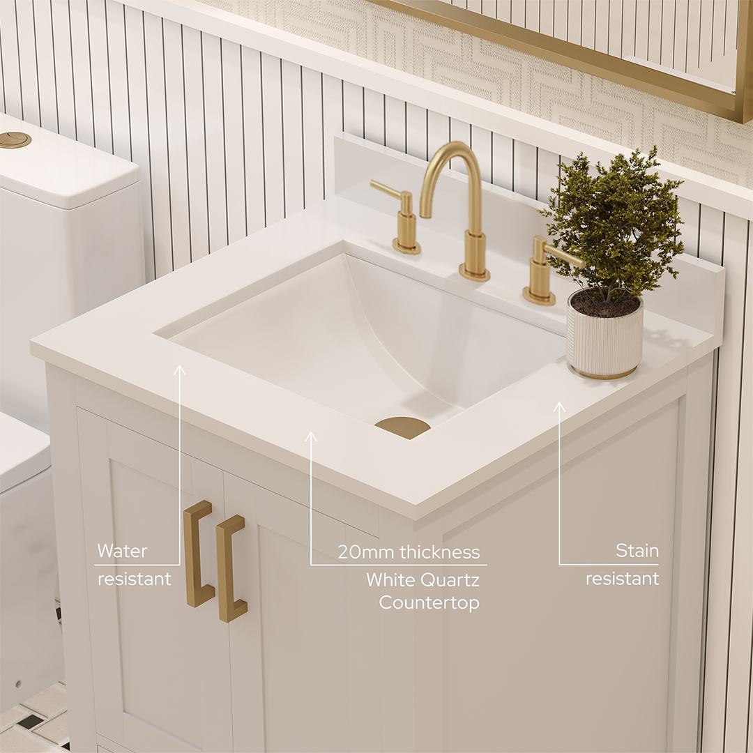 Rooh 24 Inch Solid Wood Bathroom Vanity with Undermount single Rectangle sink & White Quartz countertop 0.75 inch edge in white