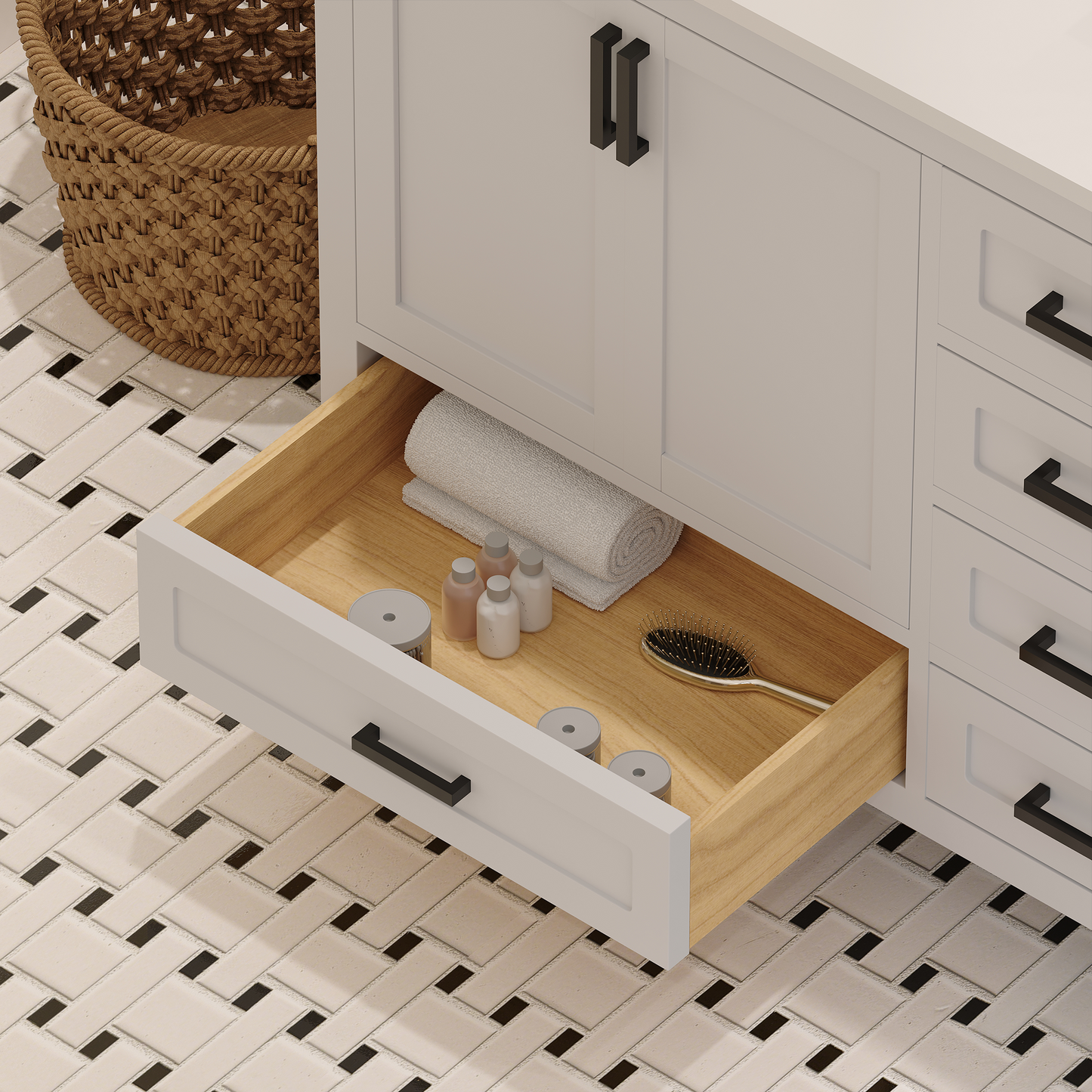 Rooh 60 Inch Solid Wood Bathroom Vanity with Undermount double Rectangle sinks & White Quartz countertop 0.75 inch edge in white