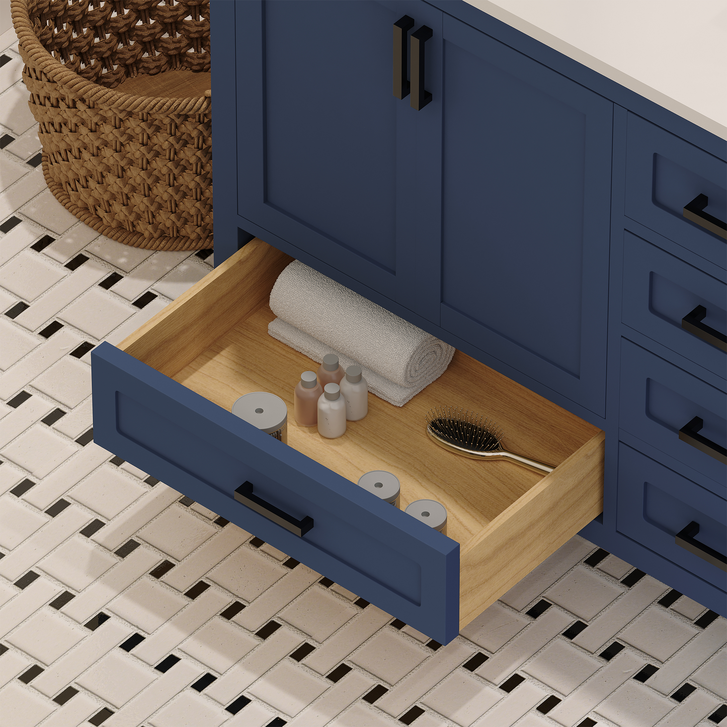 Rooh 60 Inch Solid Wood Bathroom Vanity with Undermount double Rectangle sinks & White Quartz countertop 0.75 inch edge in white