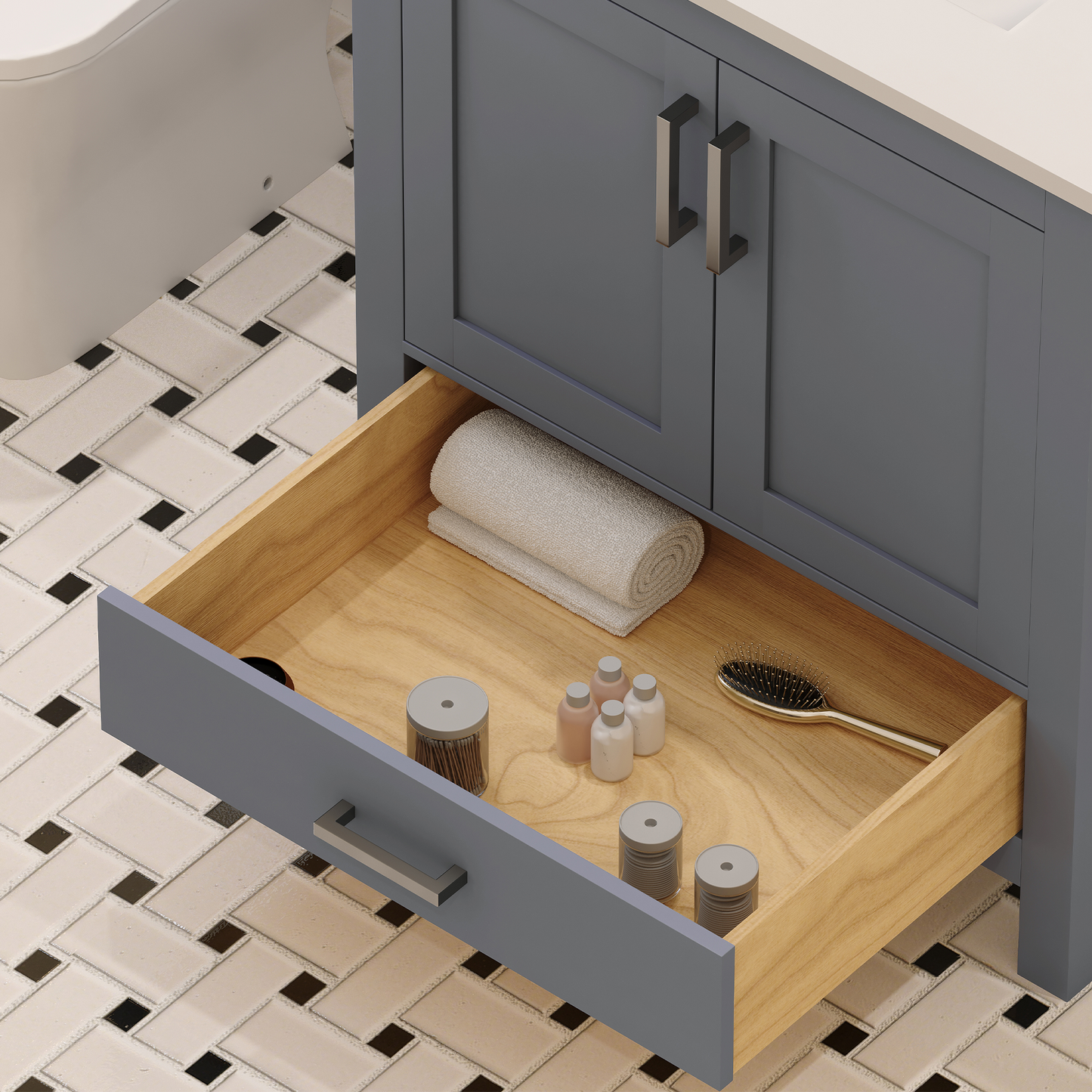 Rooh 30 Inch Solid Wood Bathroom Vanity with Undermount single Rectangle sink & White Quartz countertop 0.75 inch edge in white