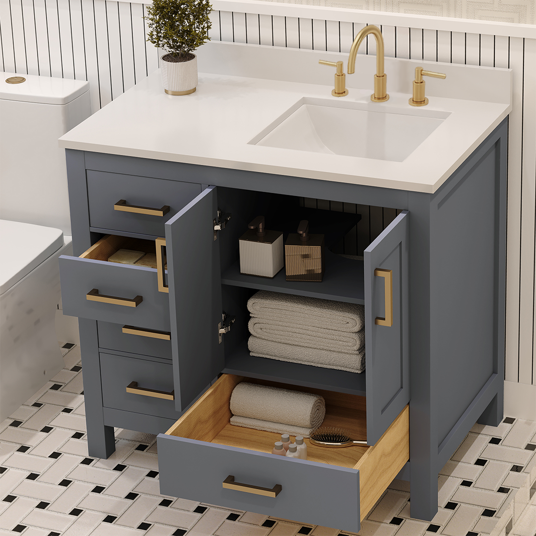 Rooh 36 Inch Right Solid Wood Single Bathroom Vanity with Undermount single Rectangle sink & White Quartz countertop 0.75 inch edge in white