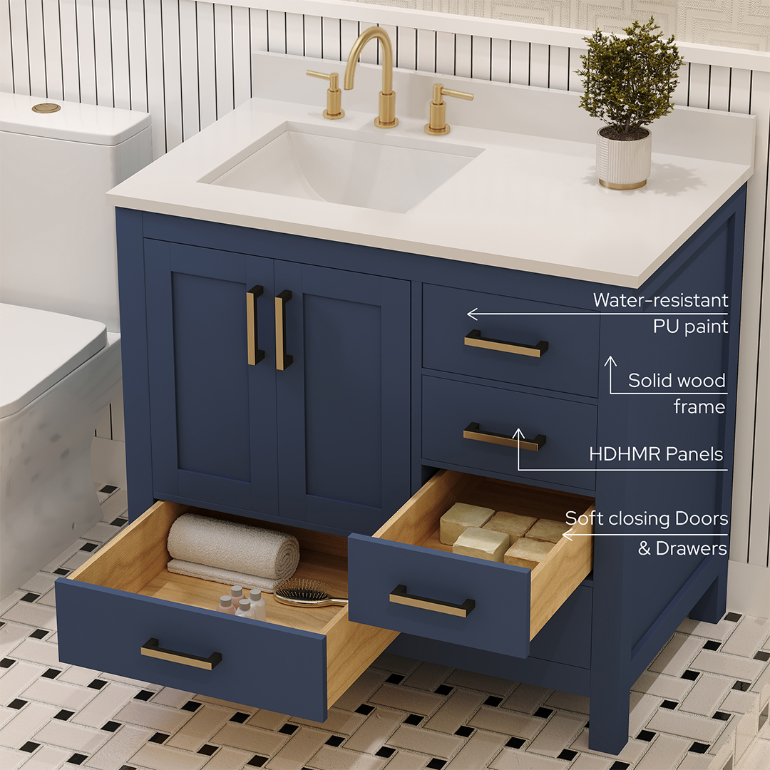 Rooh 36 Inch Left Solid Wood Single Bathroom Vanity with Undermount single Rectangle sink & White Quartz countertop 0.75 inch edge in white