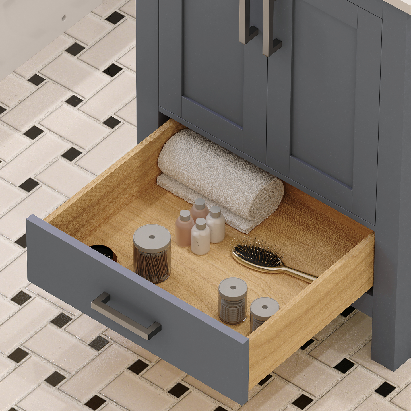 Rooh 24 Inch Solid Wood Bathroom Vanity with Undermount single Rectangle sink & White Quartz countertop 0.75 inch edge in white