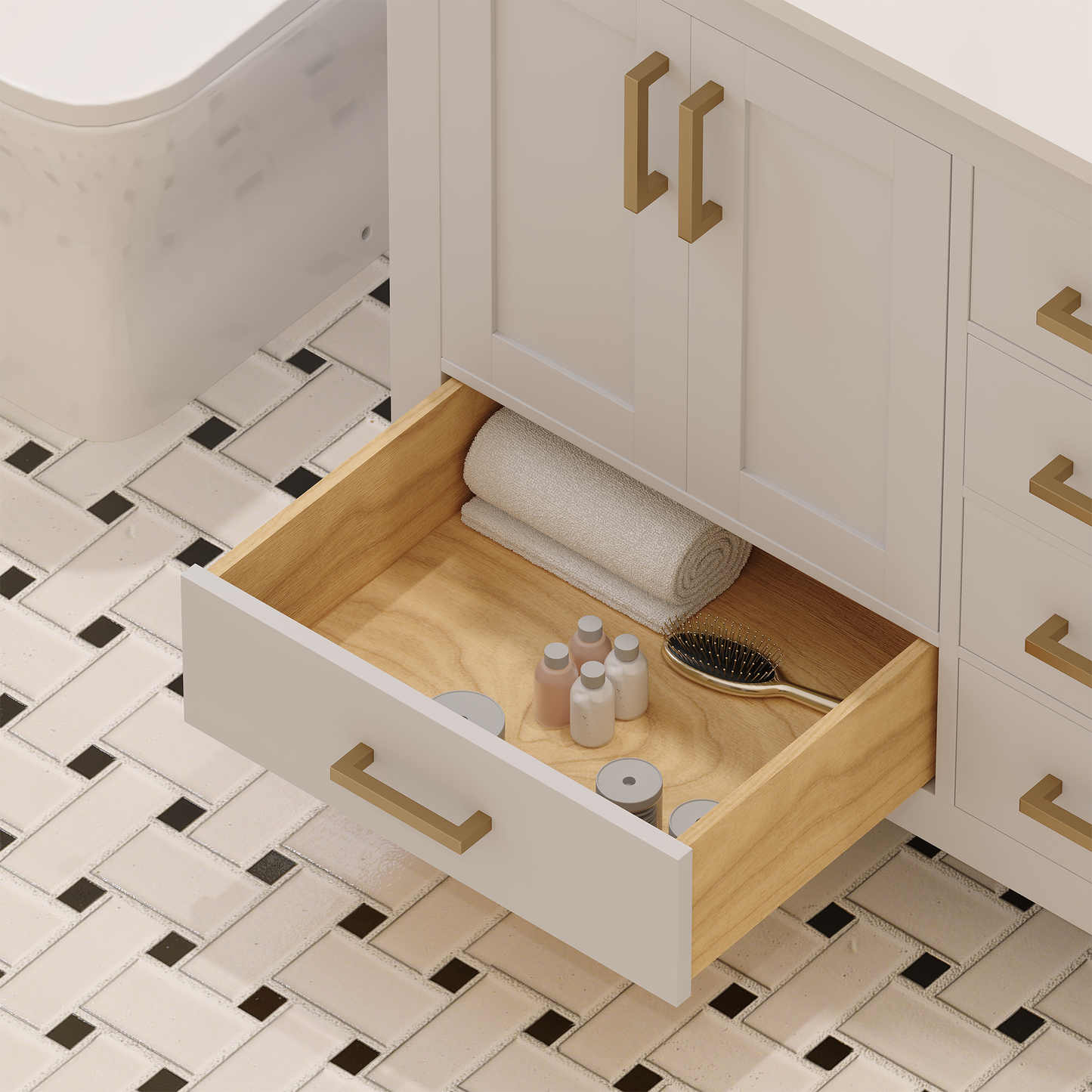 Rooh 36 Inch Left Solid Wood Single Bathroom Vanity with Undermount single Rectangle sink & White Quartz countertop 0.75 inch edge in white