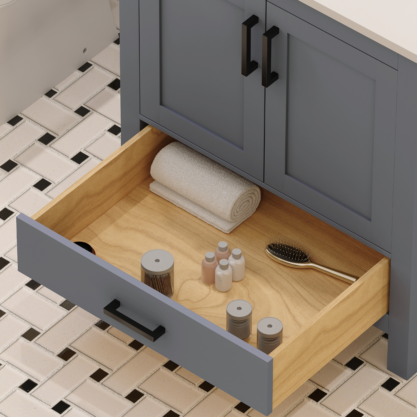 Rooh 30 Inch Solid Wood Bathroom Vanity with Undermount single Rectangle sink & White Quartz countertop 0.75 inch edge in white