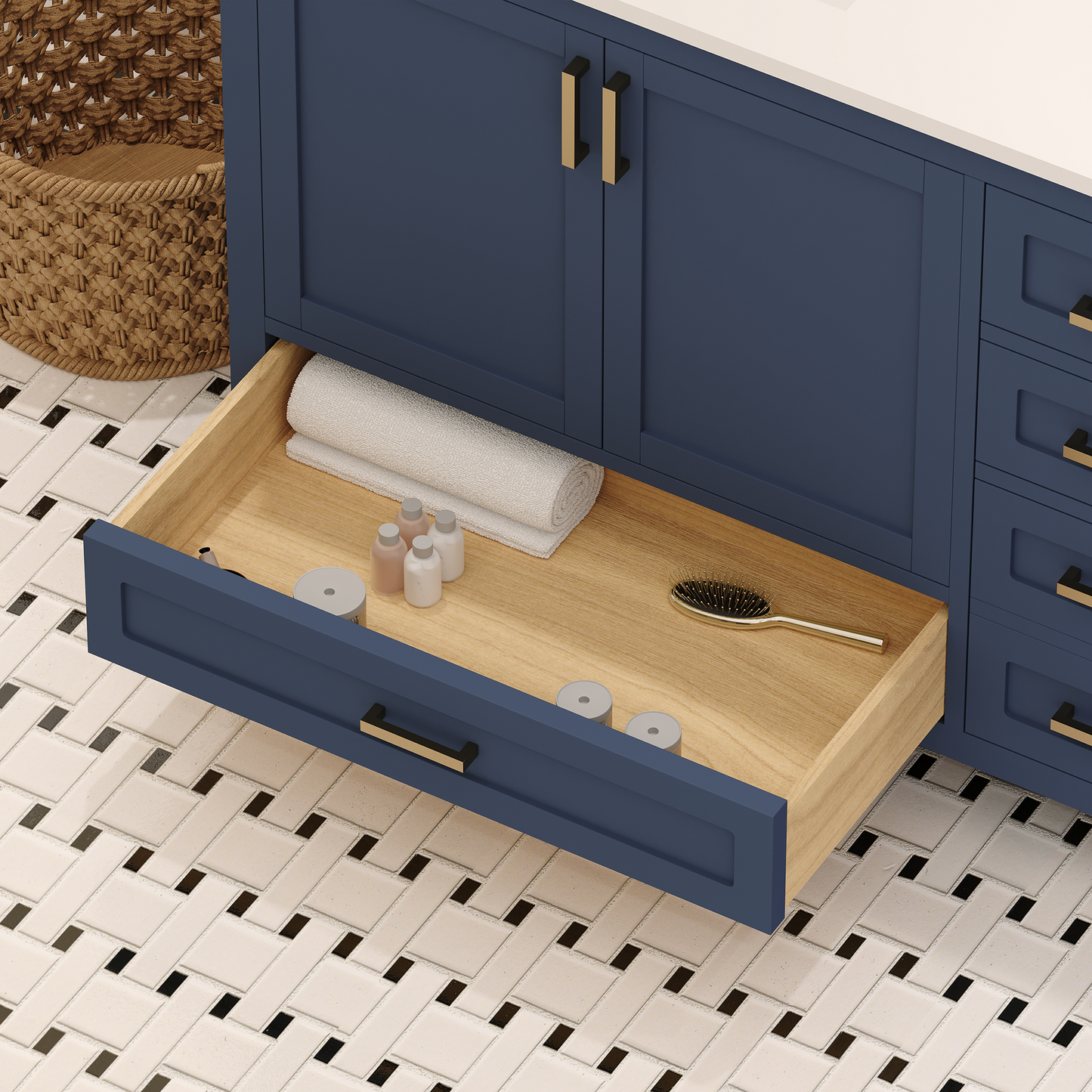 Rooh 72 Inch Solid Wood Bathroom Vanity with Undermount double Rectangle sinks & White Quartz countertop 0.75 inch edge in white