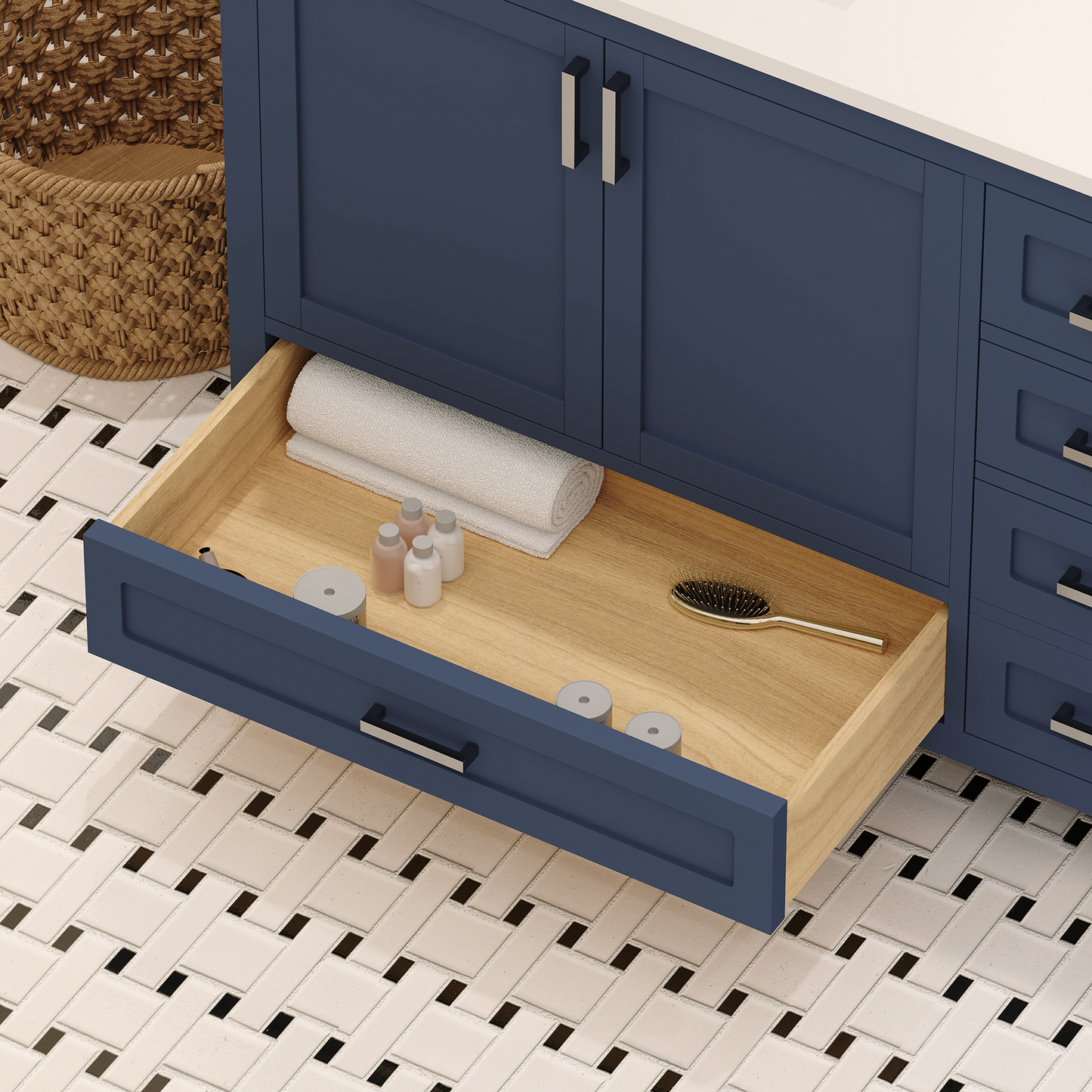 Rooh 72 Inch Solid Wood Bathroom Vanity with Undermount double Rectangle sinks & White Quartz countertop 0.75 inch edge in white