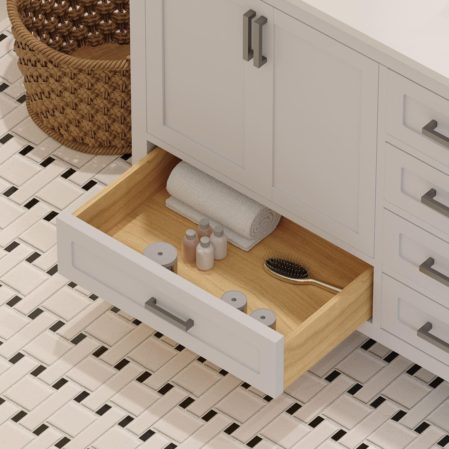 Rooh 60 Inch Solid Wood Bathroom Vanity with Undermount double Rectangle sinks & White Quartz countertop 0.75 inch edge in white