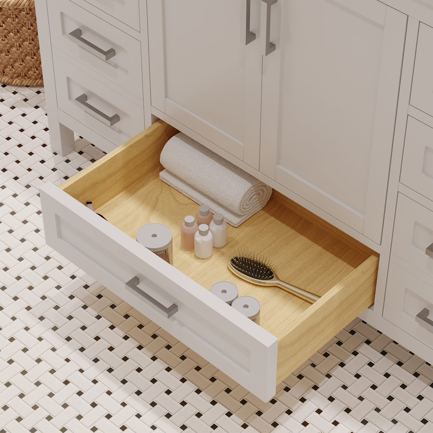 Rooh 48 Inch Solid Wood Bathroom Vanity with Undermount single Rectangle sink & White Quartz countertop 0.75 inch edge in white