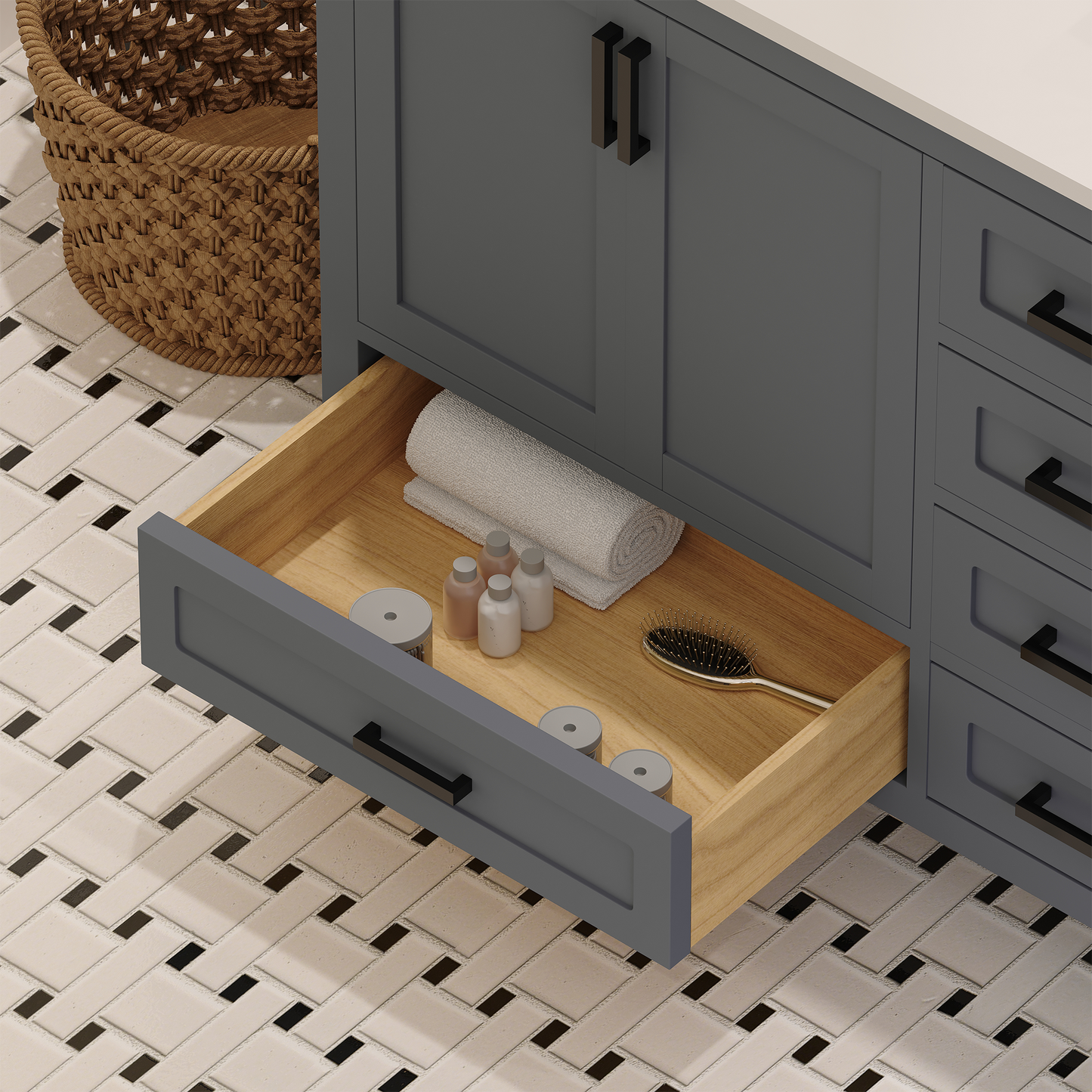 Rooh 60 Inch Solid Wood Bathroom Vanity with Undermount double Rectangle sinks & White Quartz countertop 0.75 inch edge in white